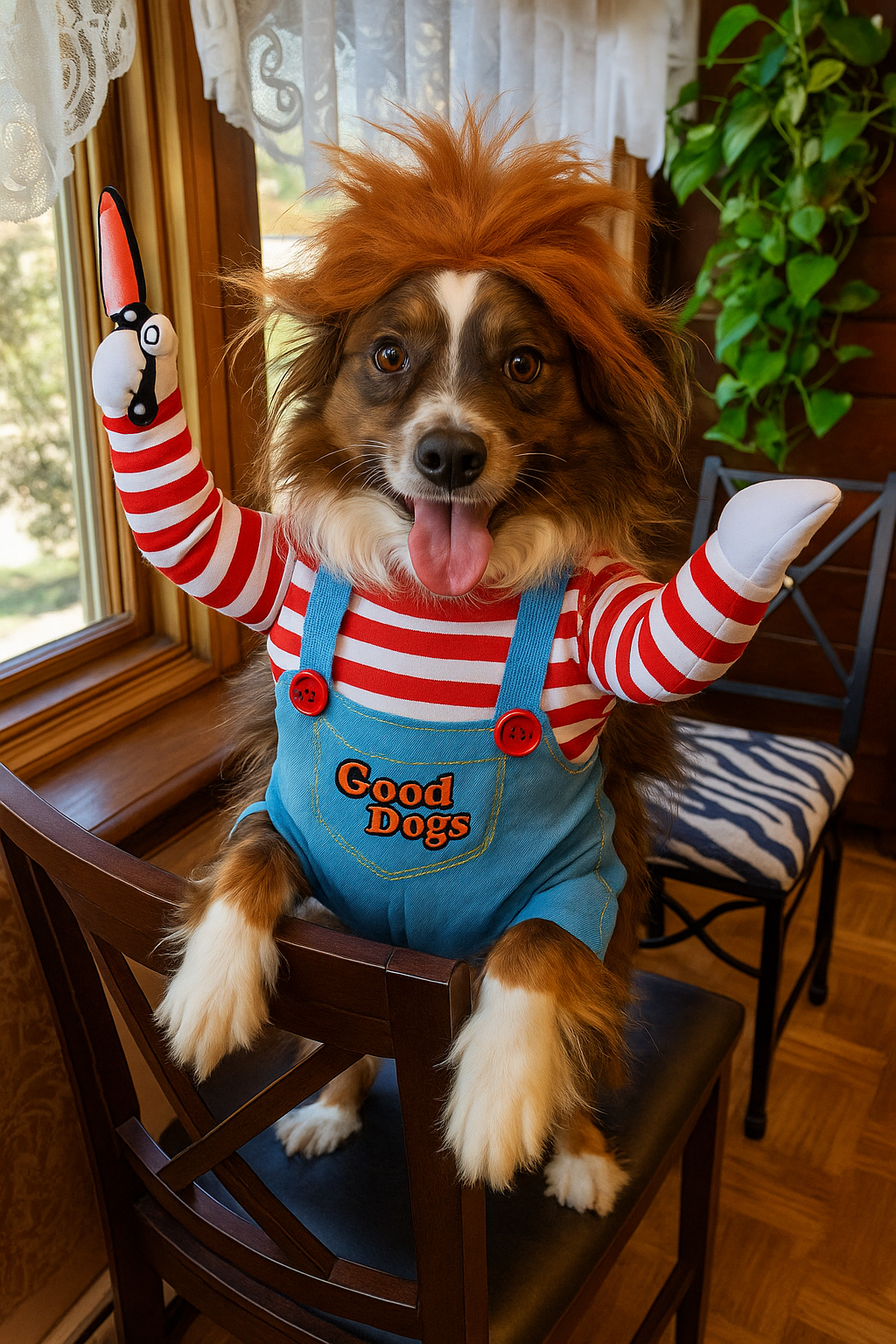 Pet Deadly Doll Costume with Knife & Wig – Funny Scary Halloween Outfit for Dogs & Cats, Small to Large Pets
