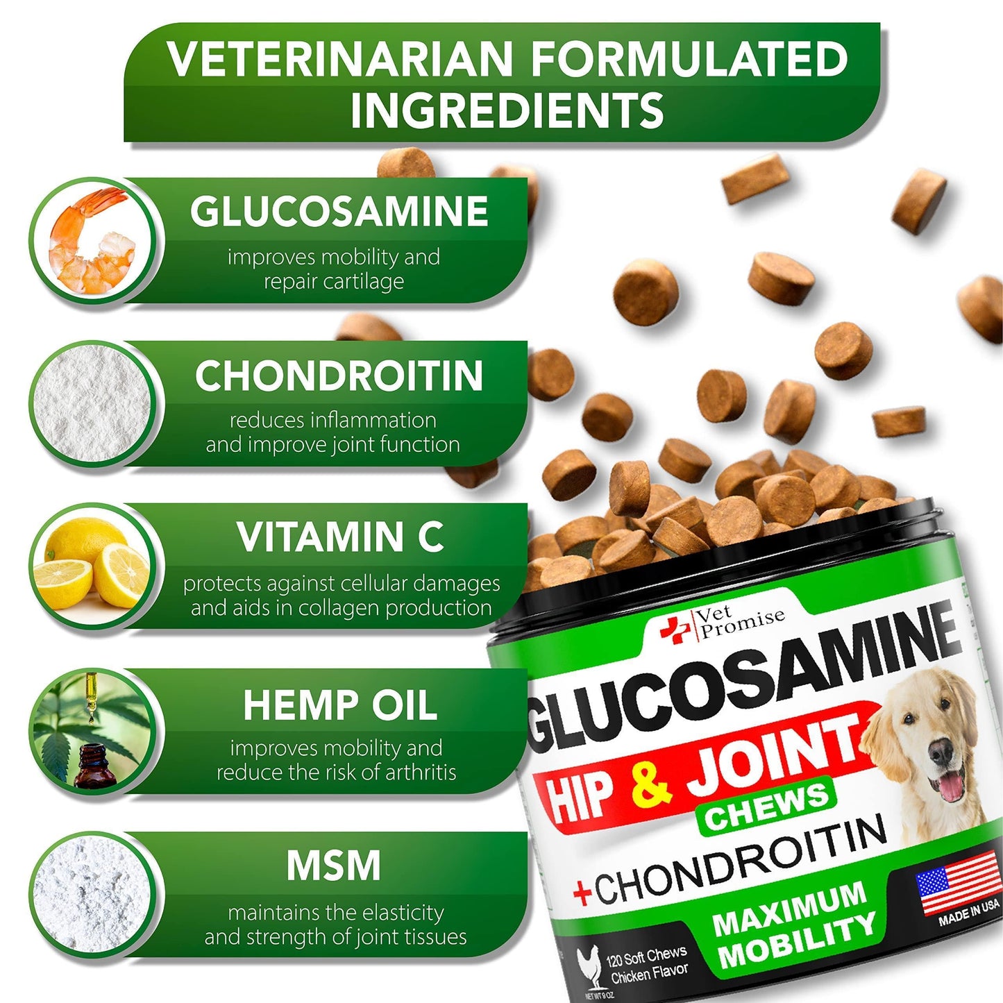 Glucosamine Hip & Joint Supplement for Dogs – 120 Soft Chews for Pain Relief & Mobility Support