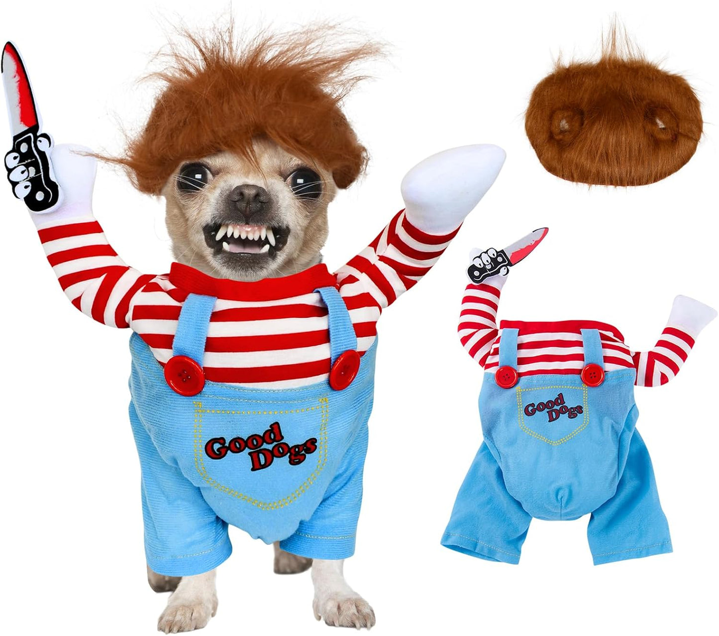Pet Deadly Doll Costume with Knife & Wig – Funny Scary Halloween Outfit for Dogs & Cats, Small to Large Pets