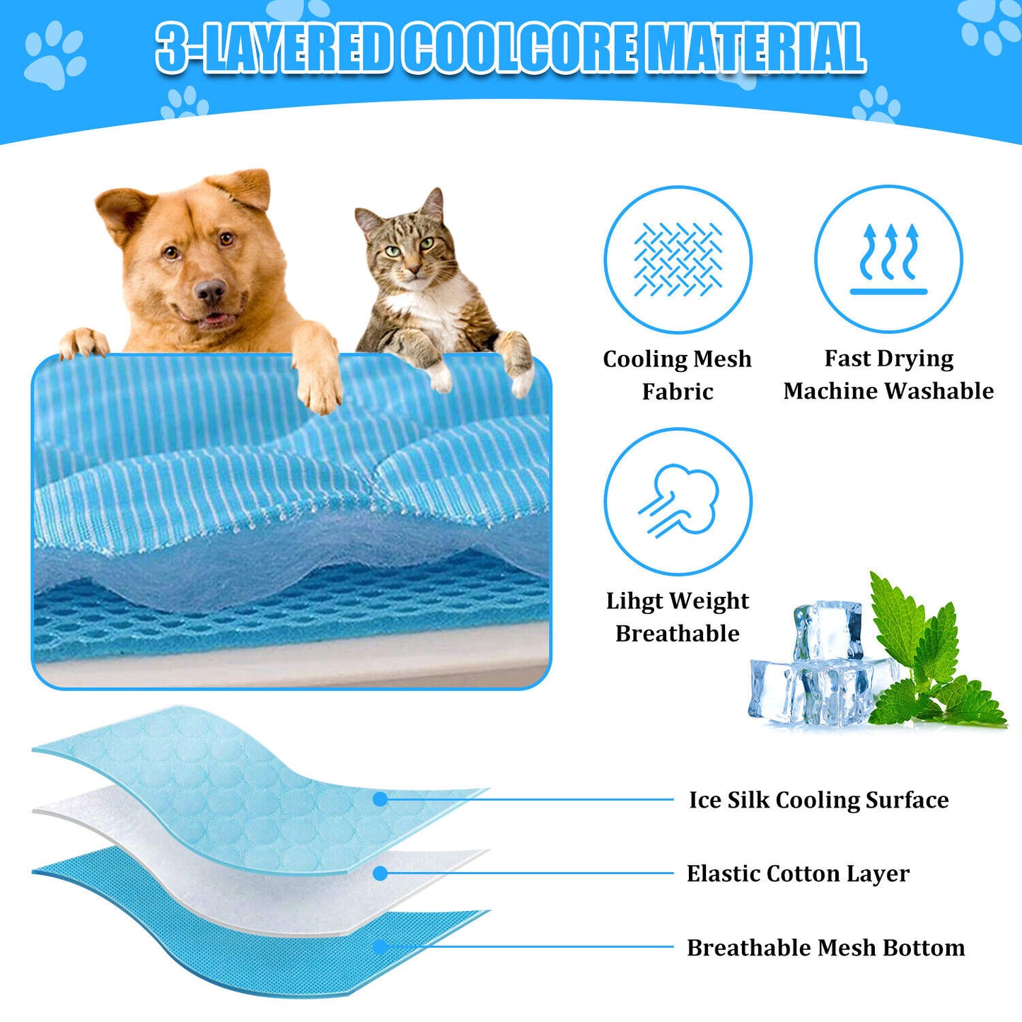 Cooling Pet Mat for Dogs & Cats – Ice Silk Summer Pad, Washable, Non-Slip & Waterproof