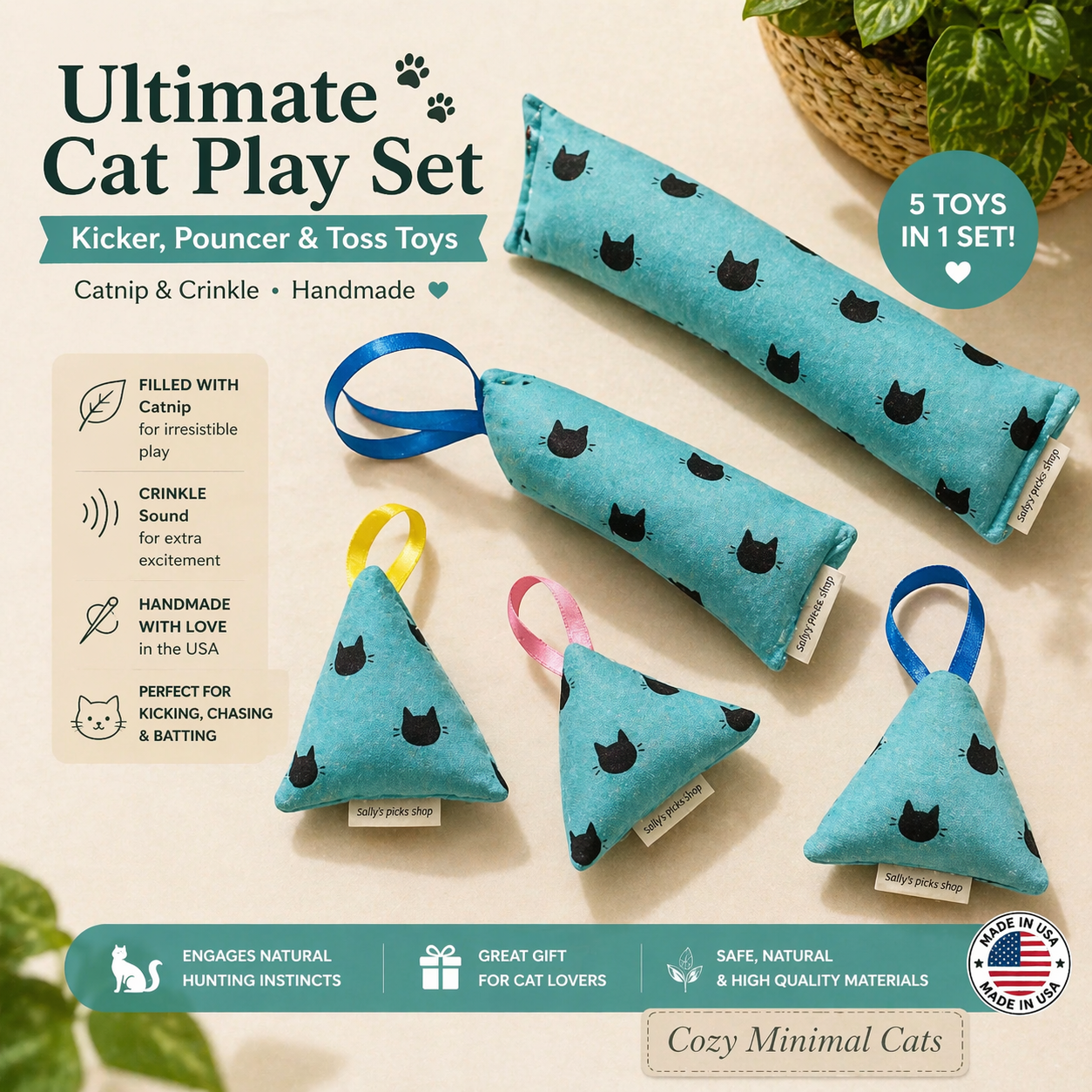 Ultimate Cat Play Set – Kicker, Pouncer & Toss Toys (Catnip & Crinkle, Handmade)
