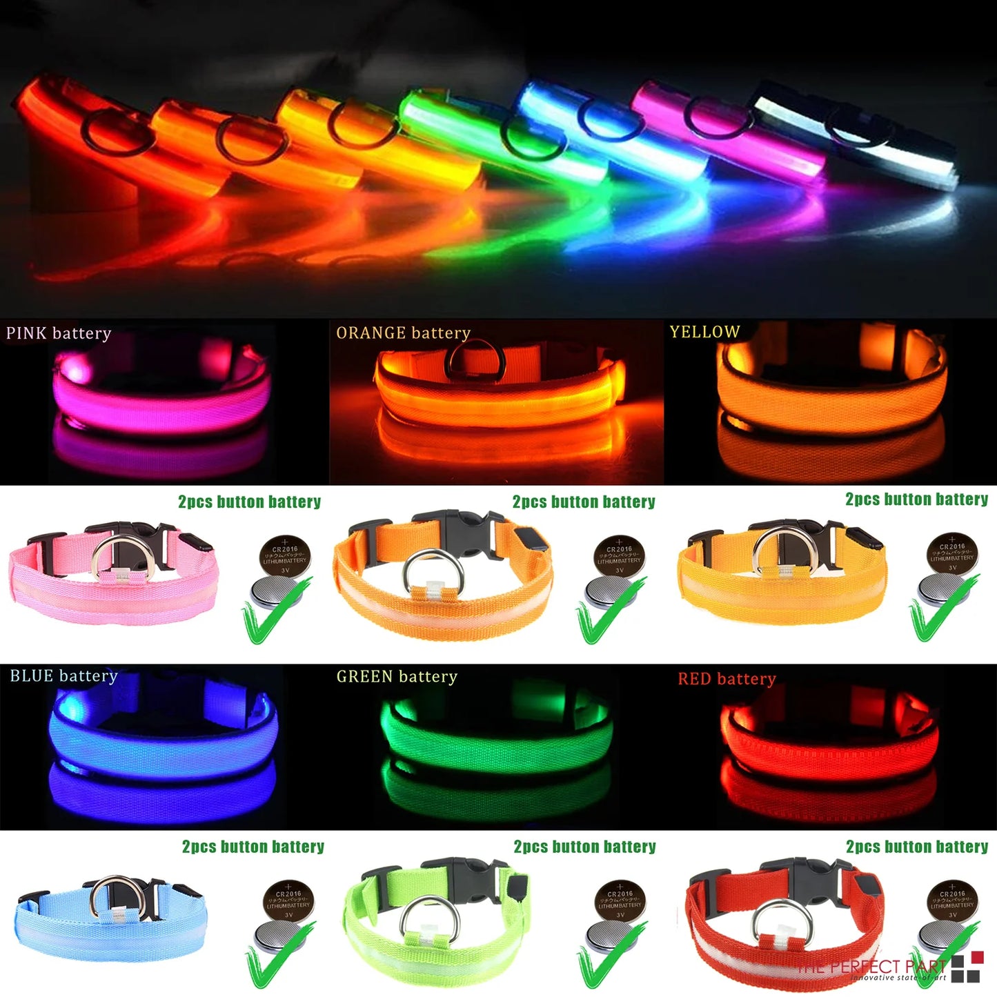 LED Dog Collar – Adjustable Light Up, Glow-in-the-Dark, Waterproof Safety Collar with 3 Flash Modes (XS–XL, Multiple Colors)