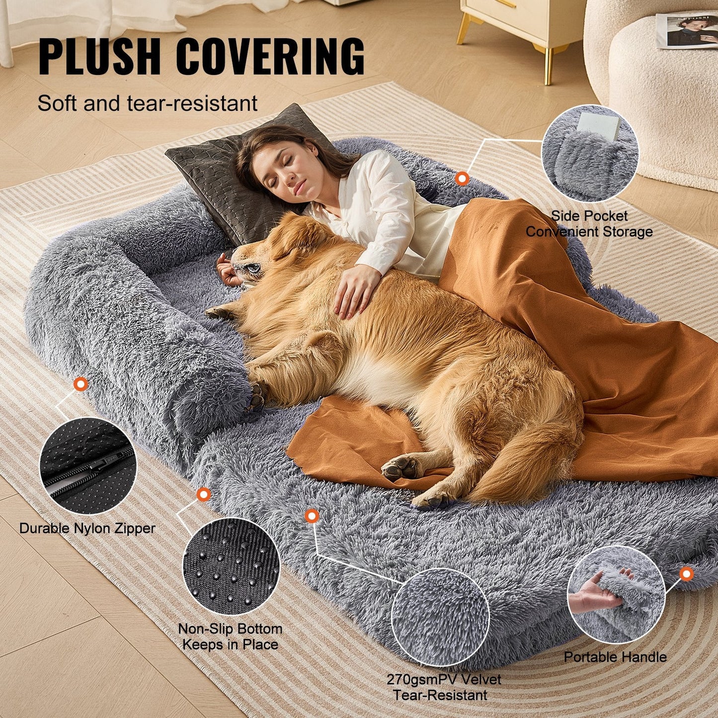 Large Human Dog Bed – 72"x48"x10" Oversized Cozy Lounger, Washable PV Velvet, Ultra-Soft & Comfy