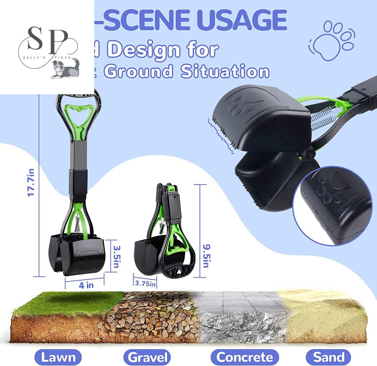 Pooper Scooper for Dogs β 17.7" Long Handle, One-Handed Pet Waste Picker, Portable & Foldable Poop Scoop for Grass, Dirt, Gravel (Green)