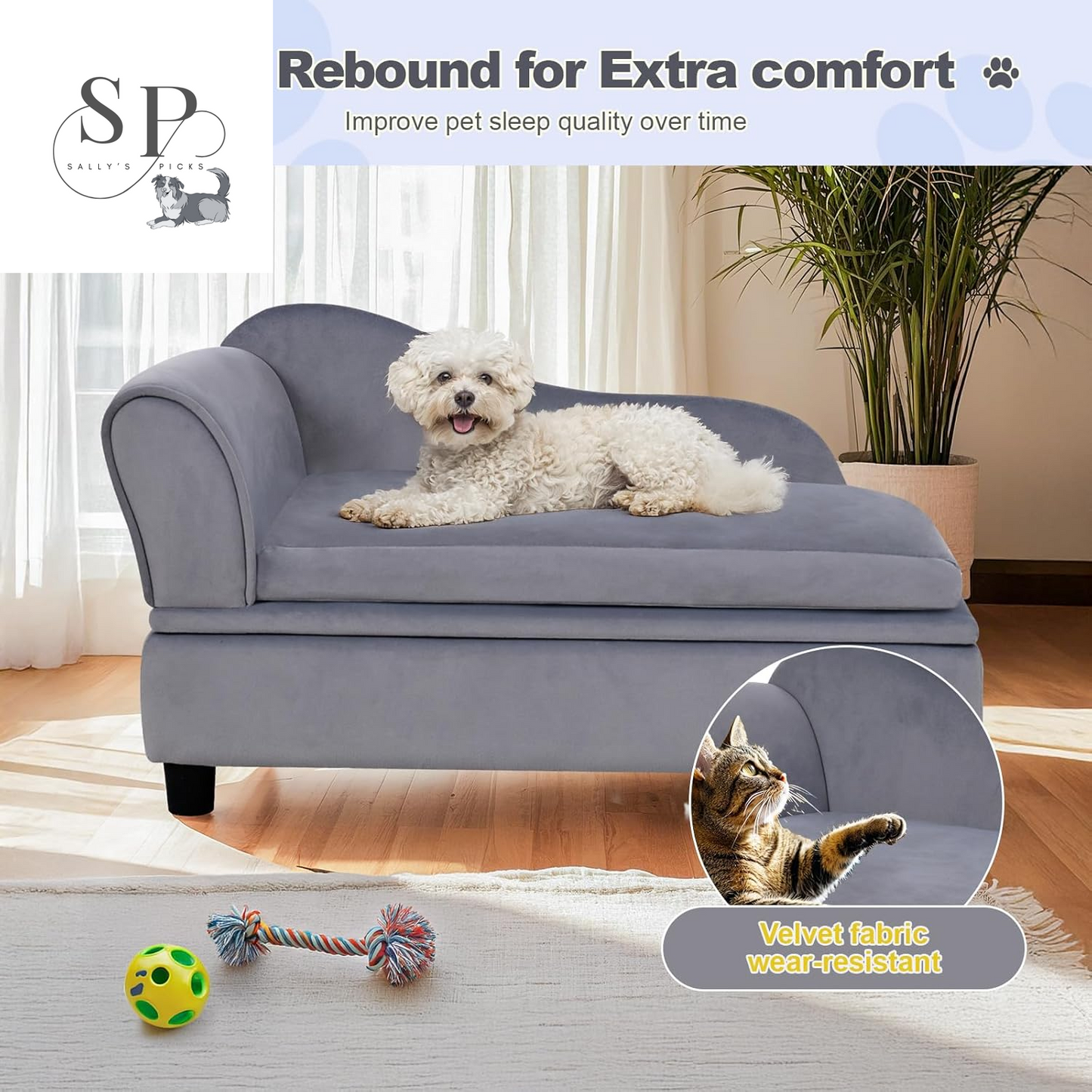 30" Pet Sofa with Hidden Storage – Soft Tufted Dog Couch for Small Dogs & Cats up to 30 lbs, Velvet, Modern Raised Bed with Cushion
