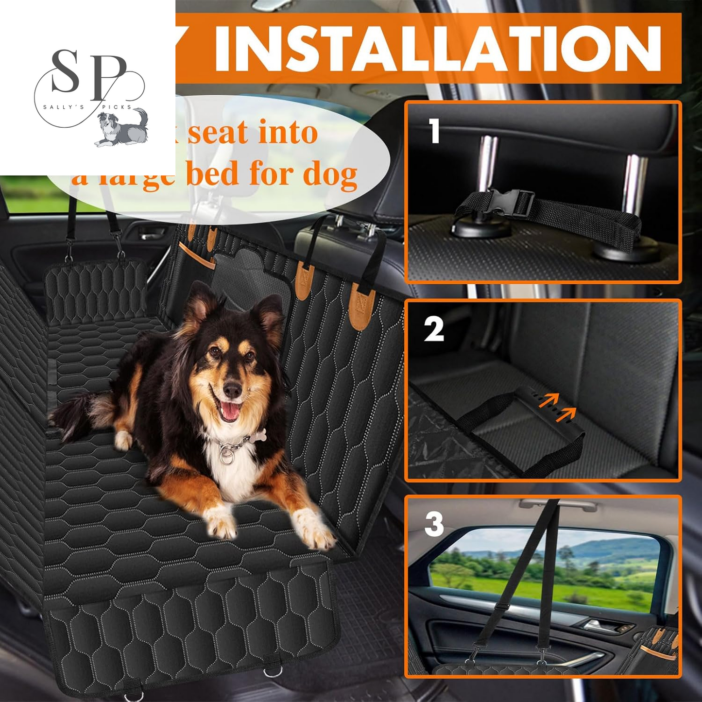 Dog Car Seat Cover Hammock – Waterproof, Scratch-Proof & Nonslip Back Seat Protector with Mesh Window, Storage Pockets & Side Flaps – Fits Cars, SUVs & Trucks (Black/Orange)