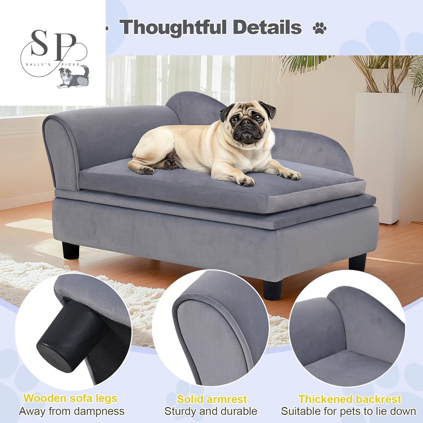 30" Pet Sofa with Hidden Storage – Soft Tufted Dog Couch for Small Dogs & Cats up to 30 lbs, Velvet, Modern Raised Bed with Cushion
