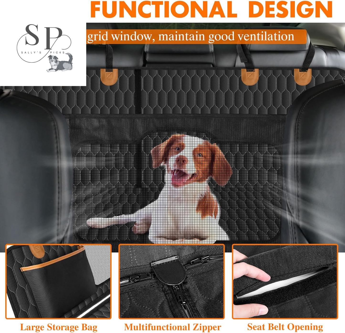 Dog Car Seat Cover Hammock – Waterproof, Scratch-Proof & Nonslip Back Seat Protector with Mesh Window, Storage Pockets & Side Flaps – Fits Cars, SUVs & Trucks (Black/Orange)
