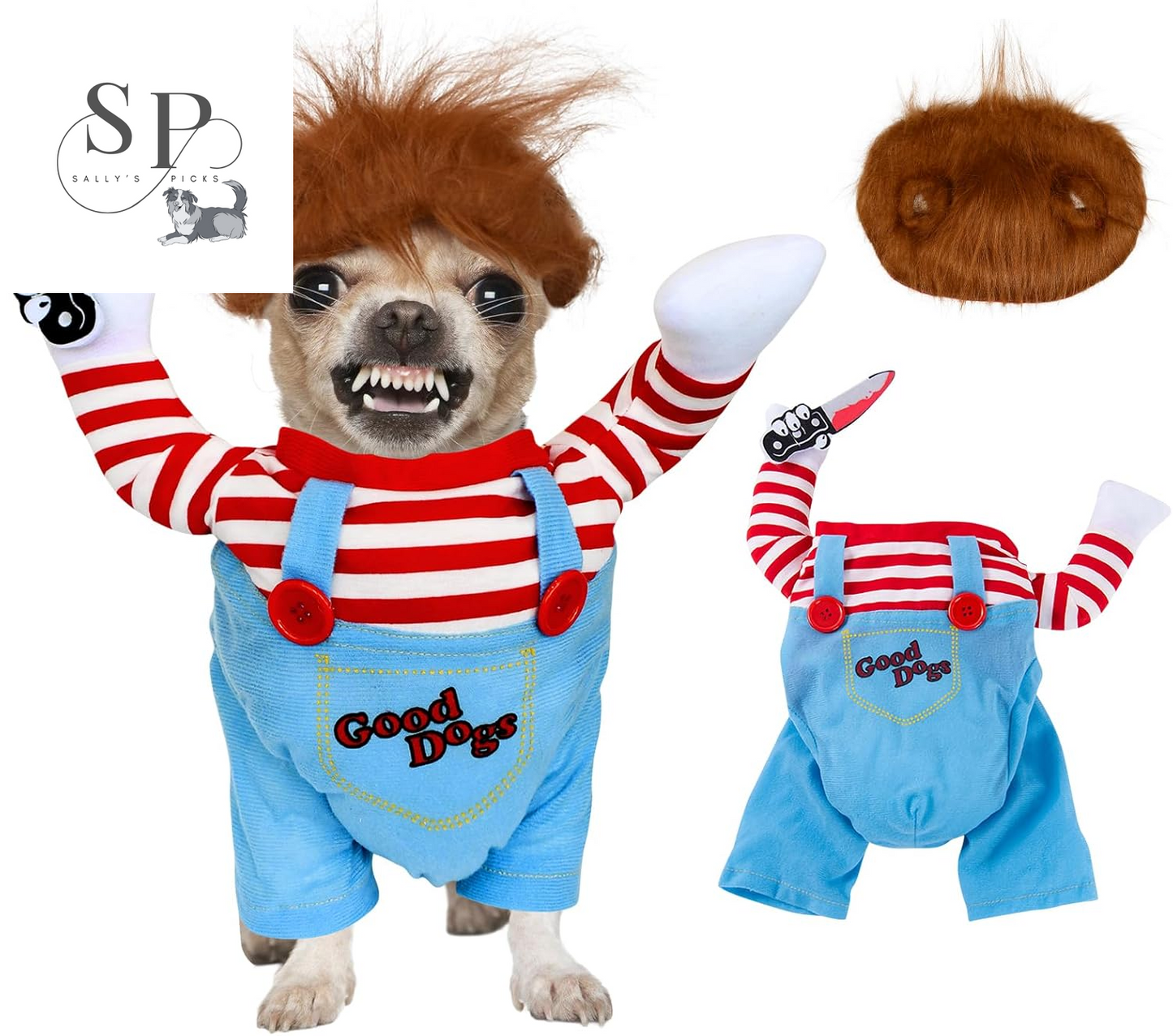 Pet Deadly Doll Costume with Knife & Wig – Funny Scary Halloween Outfit for Dogs & Cats, Small to Large Pets