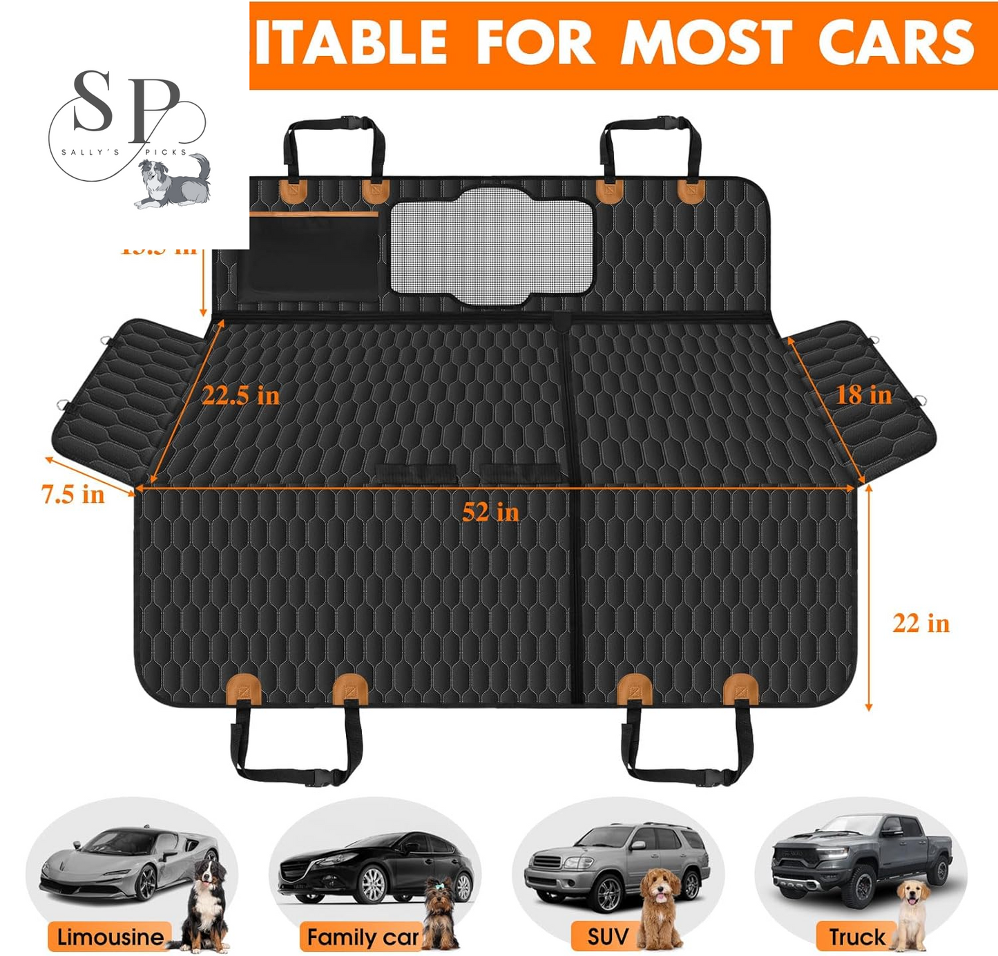 Dog Car Seat Cover Hammock – Waterproof, Scratch-Proof & Nonslip Back Seat Protector with Mesh Window, Storage Pockets & Side Flaps – Fits Cars, SUVs & Trucks (Black/Orange)