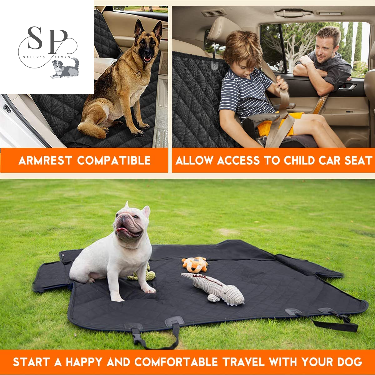 Waterproof Dog Car Seat Cover – Back Seat Protector with Armrest Fit, Non-Slip & Machine Washable, for Cars, Trucks & SUVs – Black