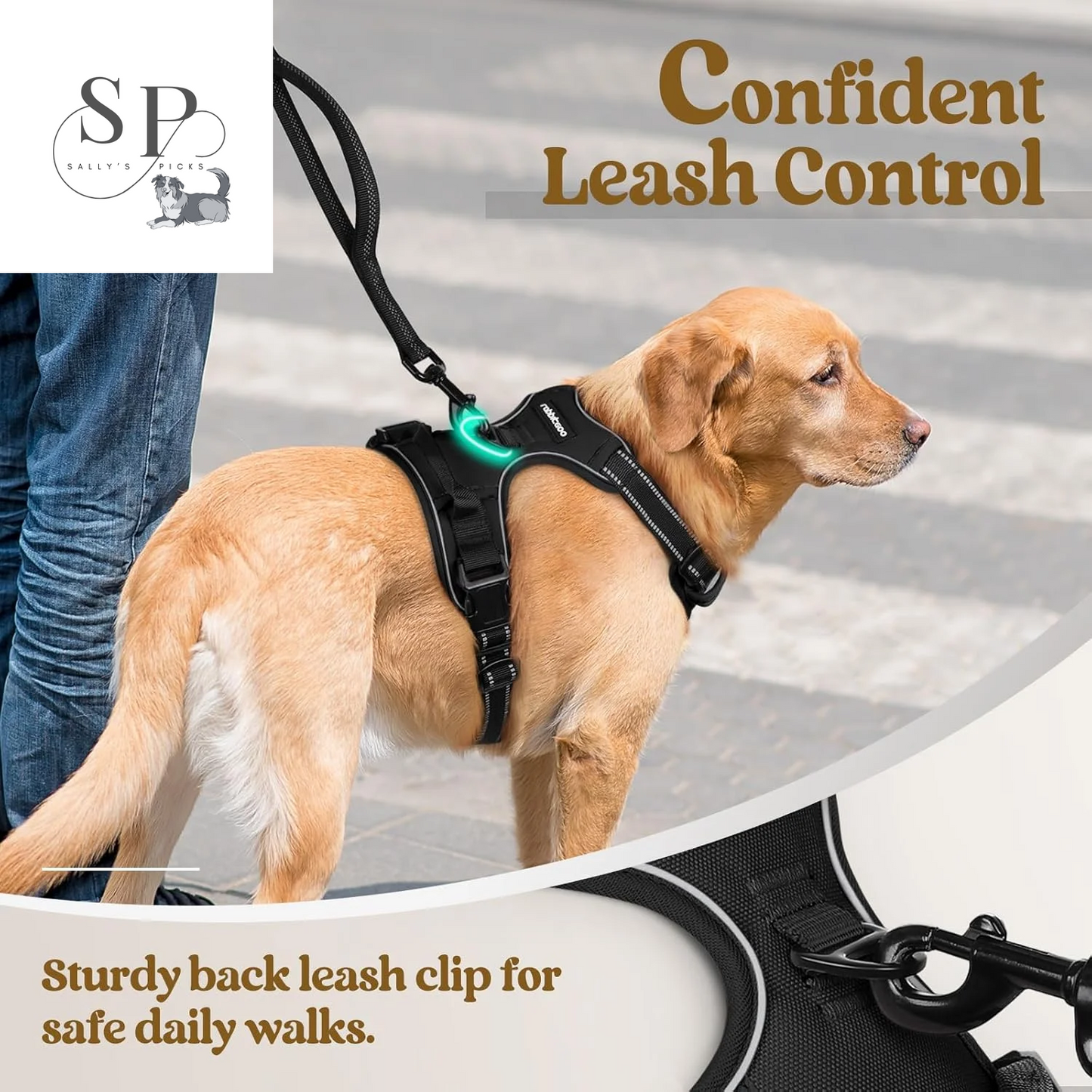No-Pull Dog Harness for Large Dogs – Adjustable Reflective Pet Vest with 2 Leash Clips & Handle – Soft Padded Oxford Harness for Outdoor Walks, Black