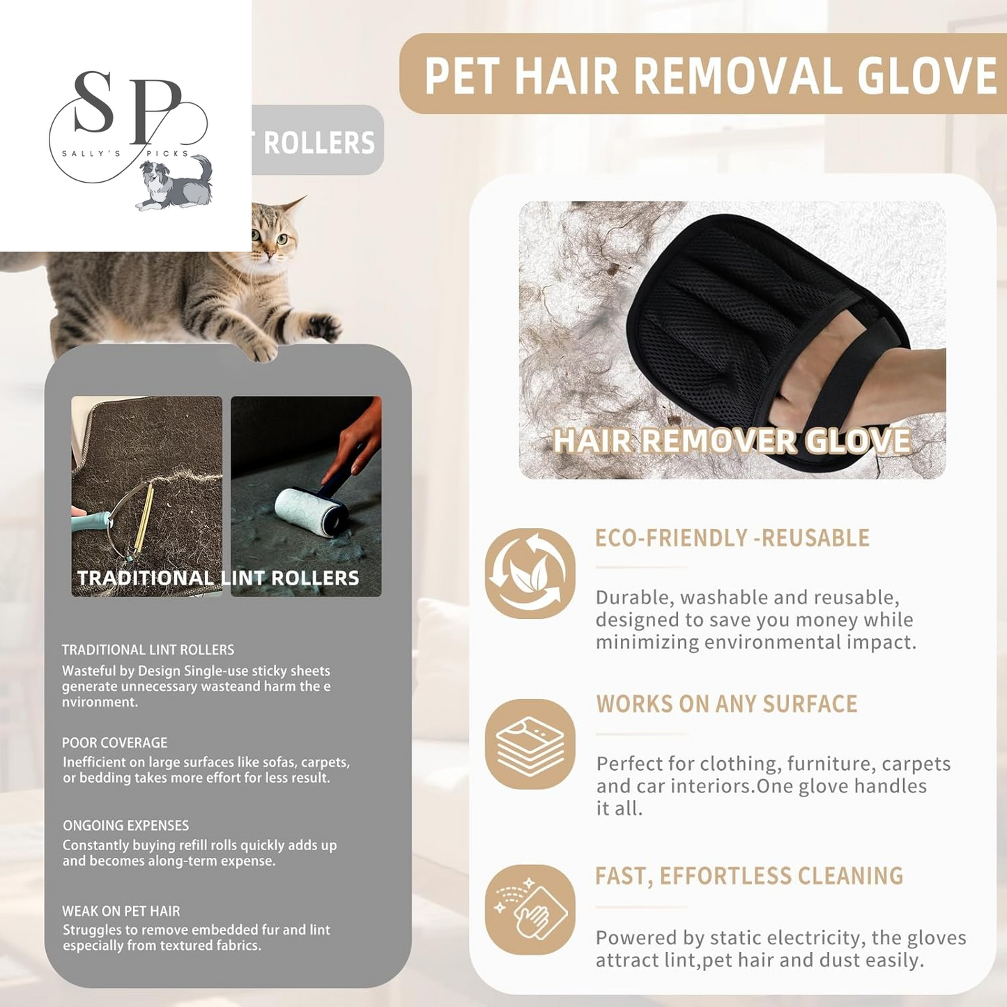2-Pack Pro Pet Hair Removal Gloves – Five-Finger Electrostatic Design, Reusable & Washable Hair Remover for Dogs, Cats, Furniture, Carpet, Clothes & Car Seats (Black, L)