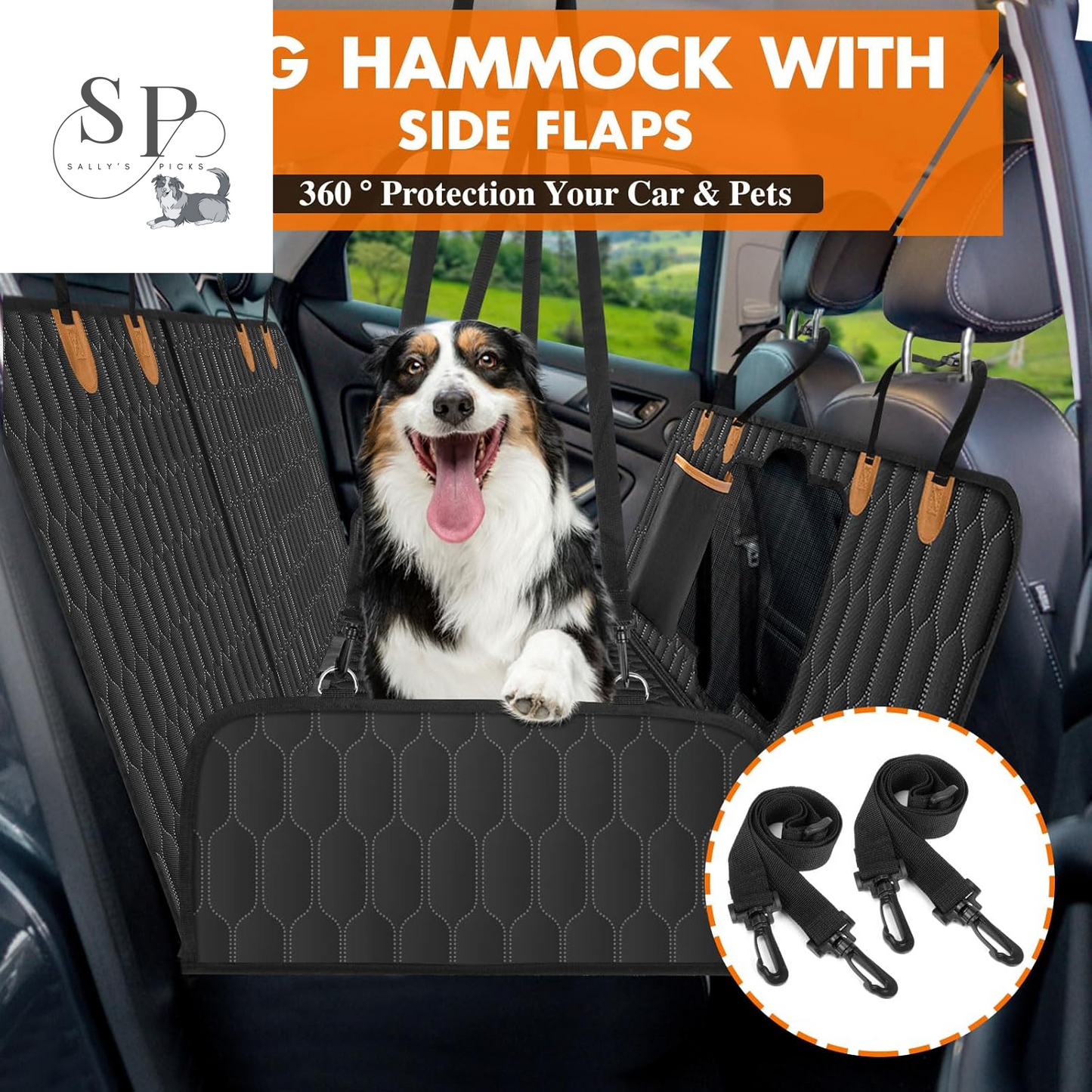 Dog Car Seat Cover Hammock – Waterproof, Scratch-Proof & Nonslip Back Seat Protector with Mesh Window, Storage Pockets & Side Flaps – Fits Cars, SUVs & Trucks (Black/Orange)