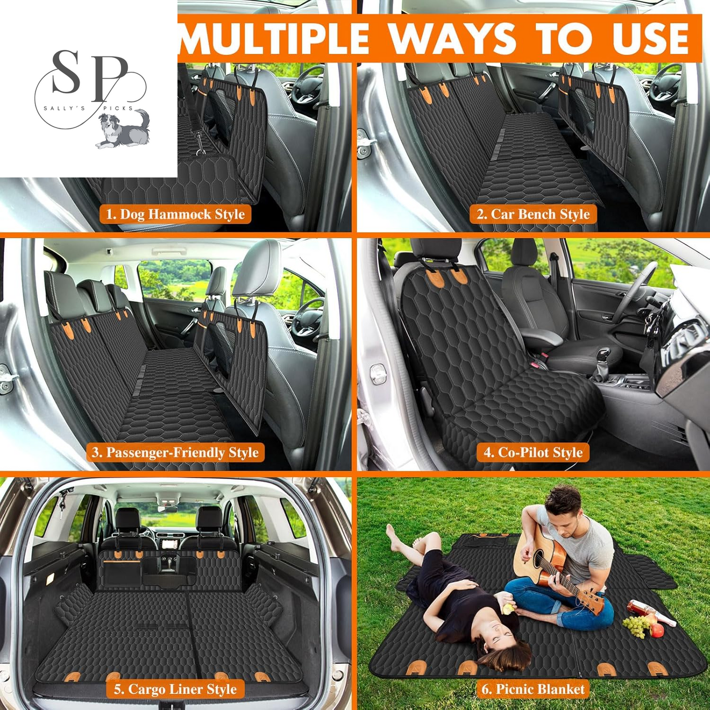 Dog Car Seat Cover Hammock – Waterproof, Scratch-Proof & Nonslip Back Seat Protector with Mesh Window, Storage Pockets & Side Flaps – Fits Cars, SUVs & Trucks (Black/Orange)