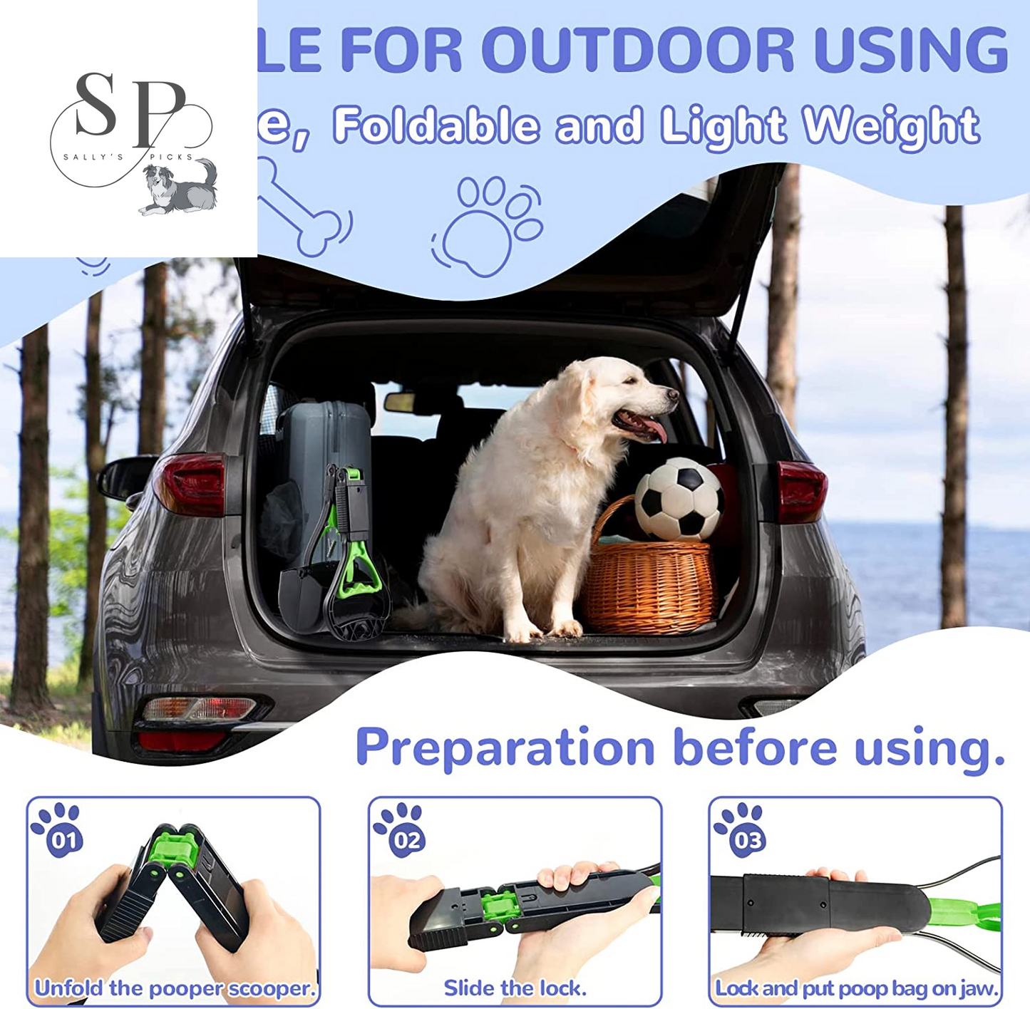 Pooper Scooper for Dogs β 17.7" Long Handle, One-Handed Pet Waste Picker, Portable & Foldable Poop Scoop for Grass, Dirt, Gravel (Green)