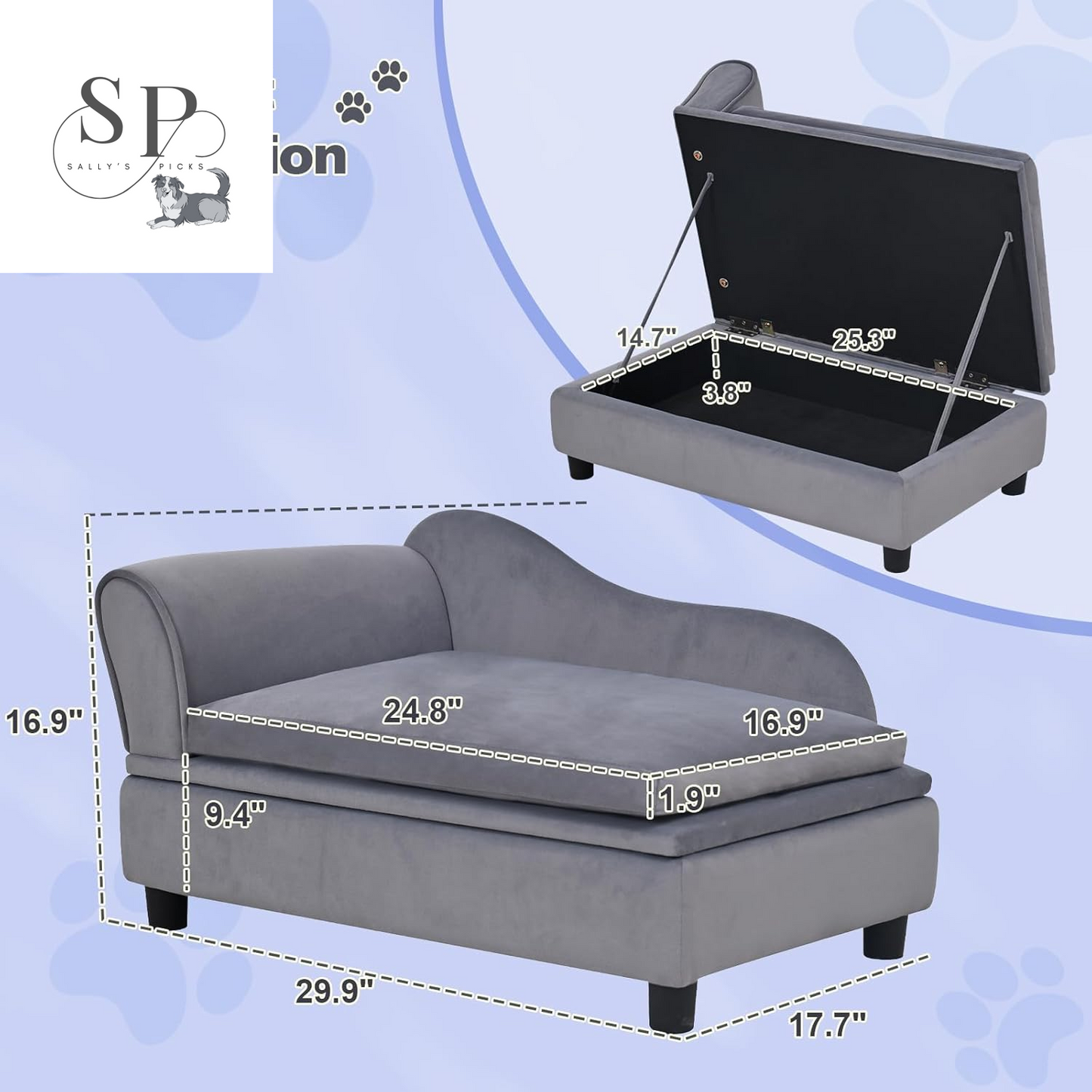 30" Pet Sofa with Hidden Storage – Soft Tufted Dog Couch for Small Dogs & Cats up to 30 lbs, Velvet, Modern Raised Bed with Cushion