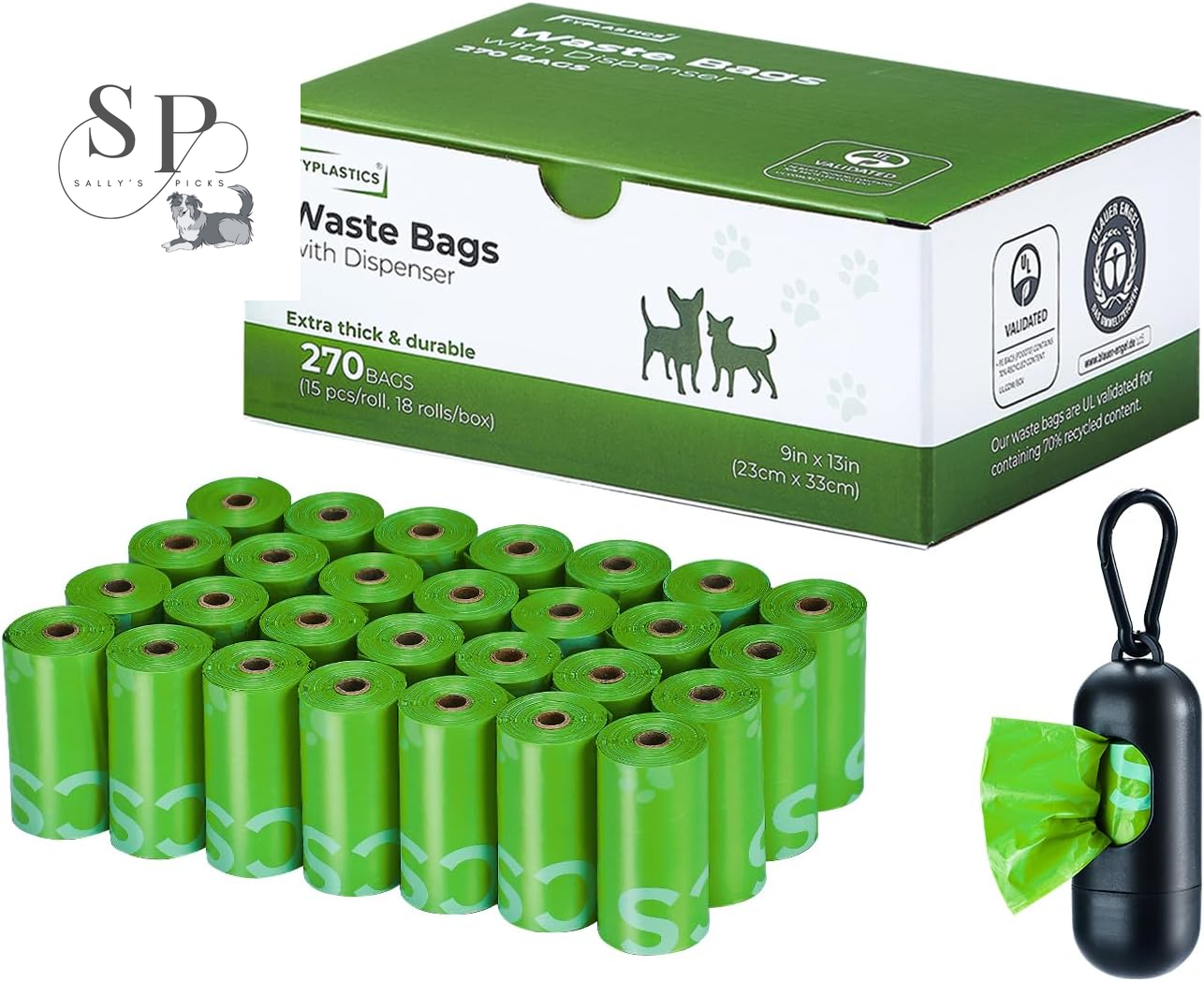 270 Count Dog Poop Bags with Dispenser – Unscented, Leak-Proof, Eco-Friendly Waste Bags (13x9 in, Lime Green, 18 Rolls of 15) – 70% Recycled Content