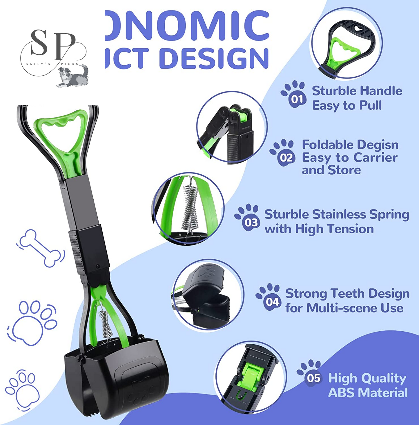 Pooper Scooper for Dogs β 17.7" Long Handle, One-Handed Pet Waste Picker, Portable & Foldable Poop Scoop for Grass, Dirt, Gravel (Green)
