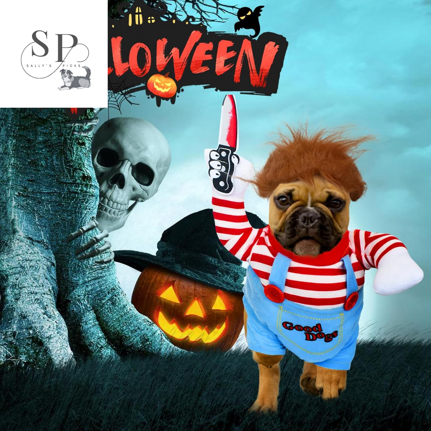 Pet Deadly Doll Costume with Knife & Wig – Funny Scary Halloween Outfit for Dogs & Cats, Small to Large Pets