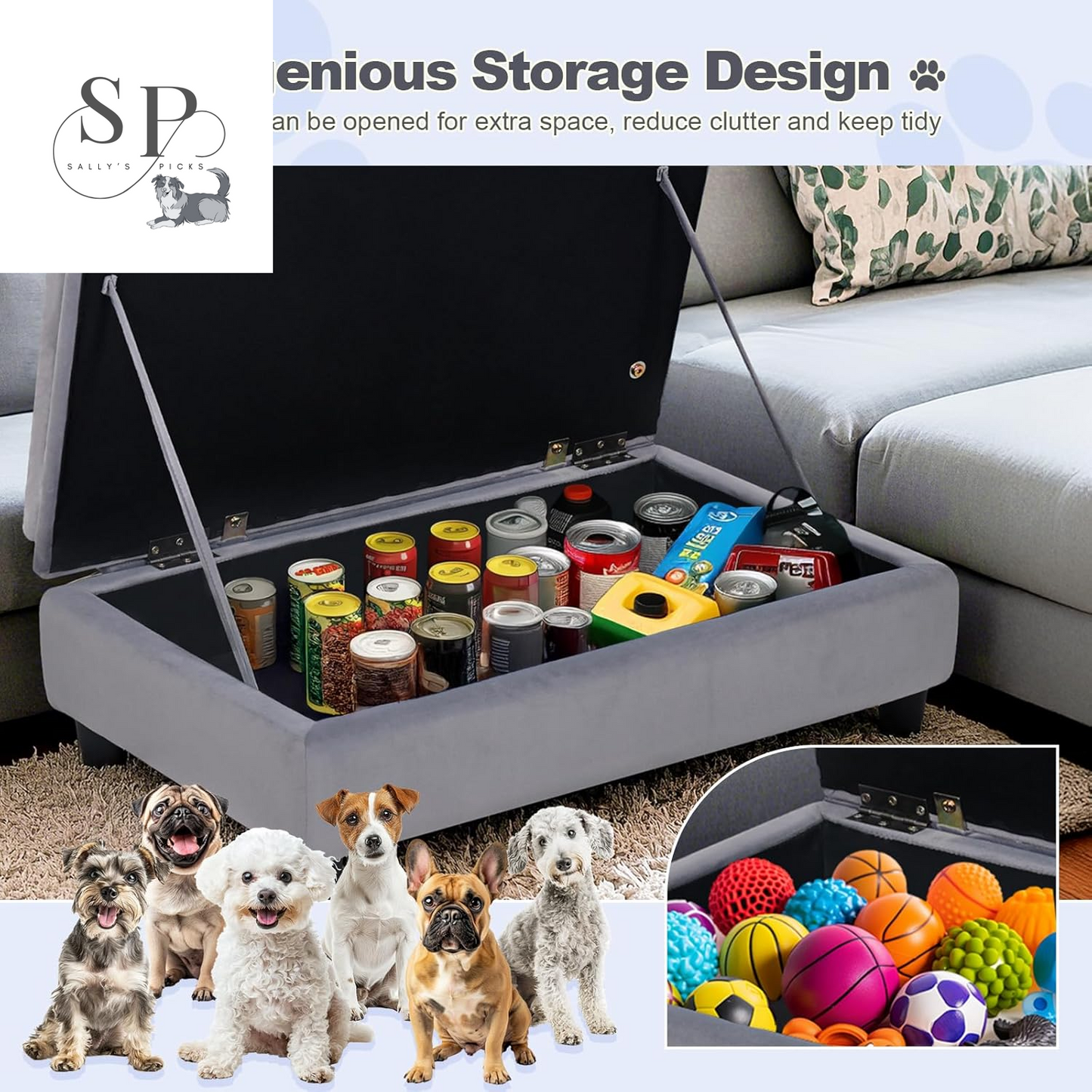 30" Pet Sofa with Hidden Storage – Soft Tufted Dog Couch for Small Dogs & Cats up to 30 lbs, Velvet, Modern Raised Bed with Cushion