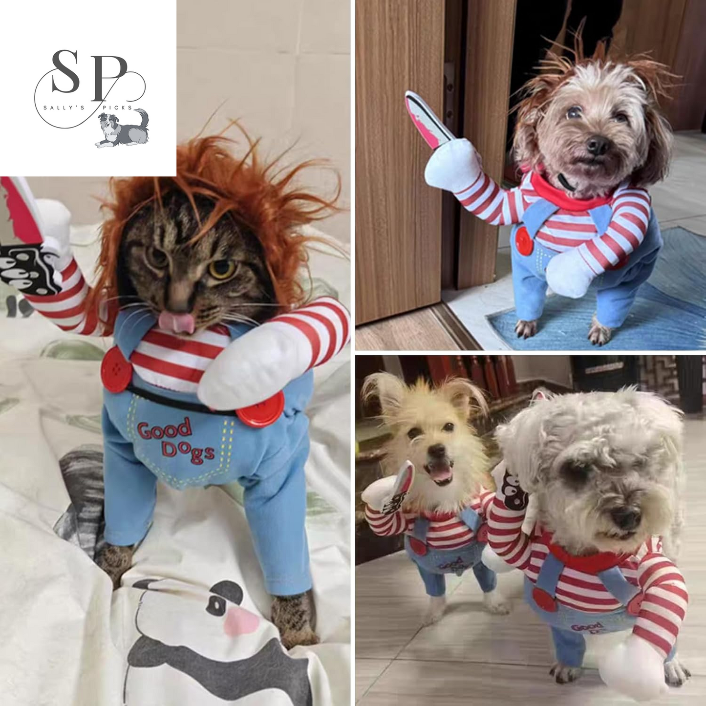 Pet Deadly Doll Costume with Knife & Wig – Funny Scary Halloween Outfit for Dogs & Cats, Small to Large Pets