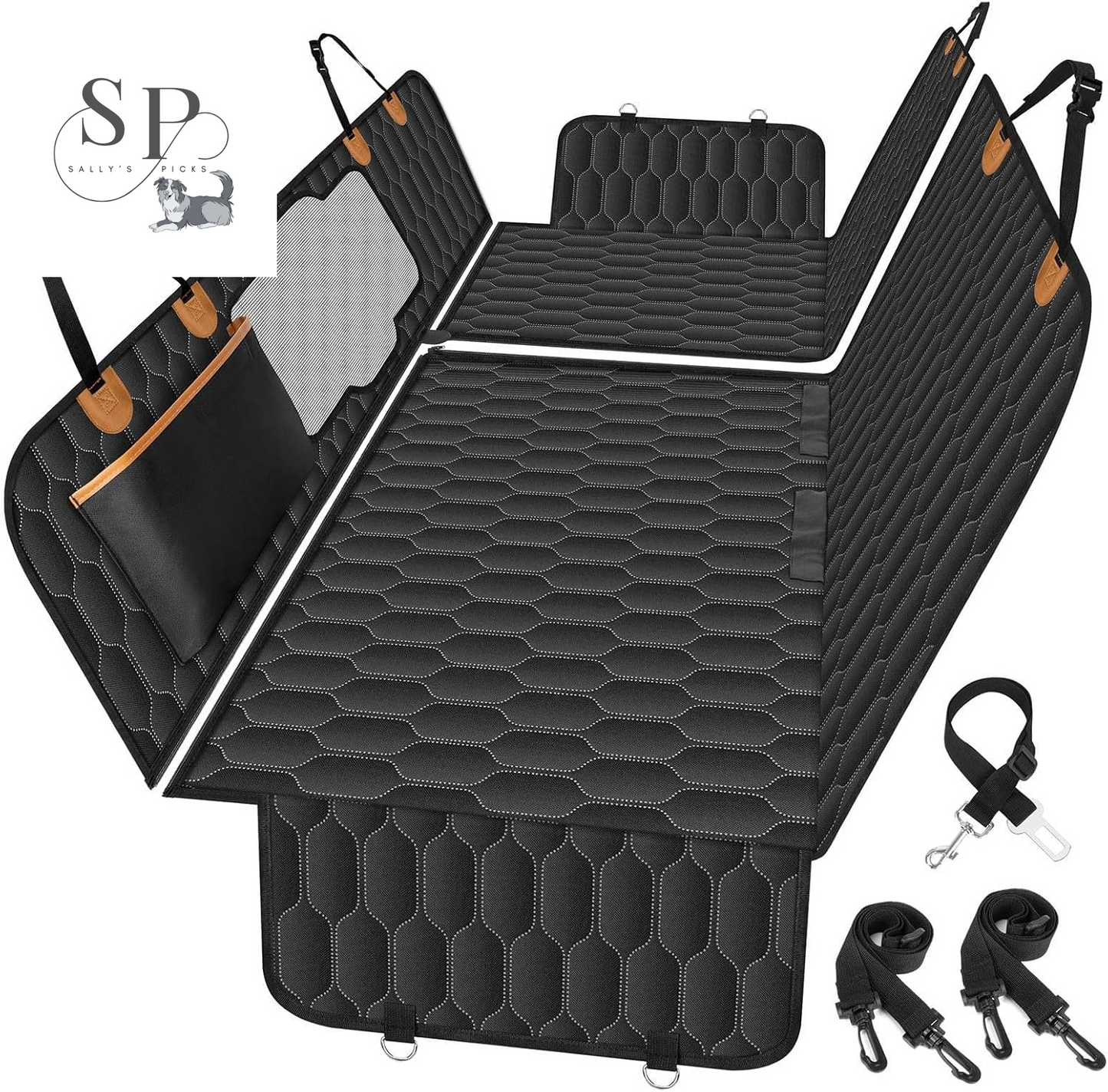 Dog Car Seat Cover Hammock – Waterproof, Scratch-Proof & Nonslip Back Seat Protector with Mesh Window, Storage Pockets & Side Flaps – Fits Cars, SUVs & Trucks (Black/Orange)