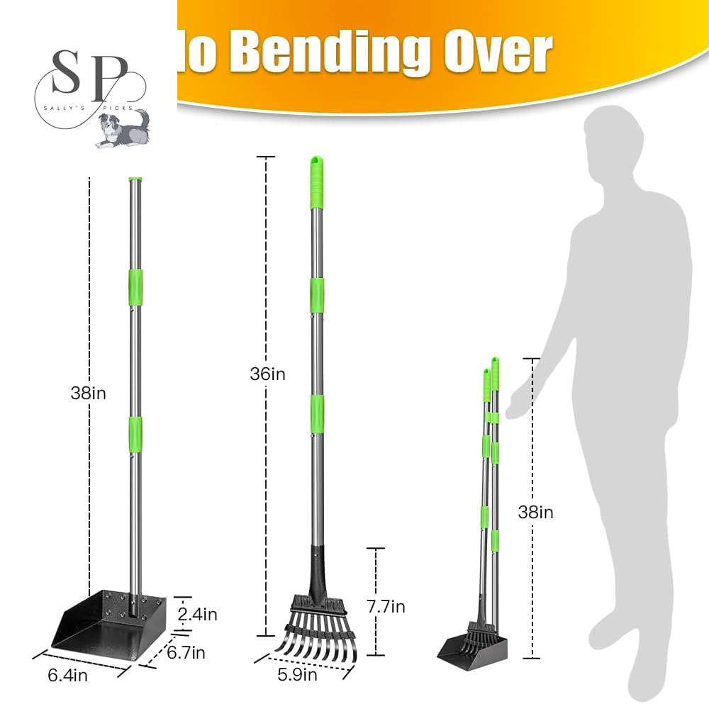 Dog Pooper Scooper with Long Handle β Heavy-Duty Stainless-Steel Tray & Rake Set, 38" No-Bend Design for Small & Medium Dogs, Easy Clean & Rust-Proof for Grass, Dirt, Gravel