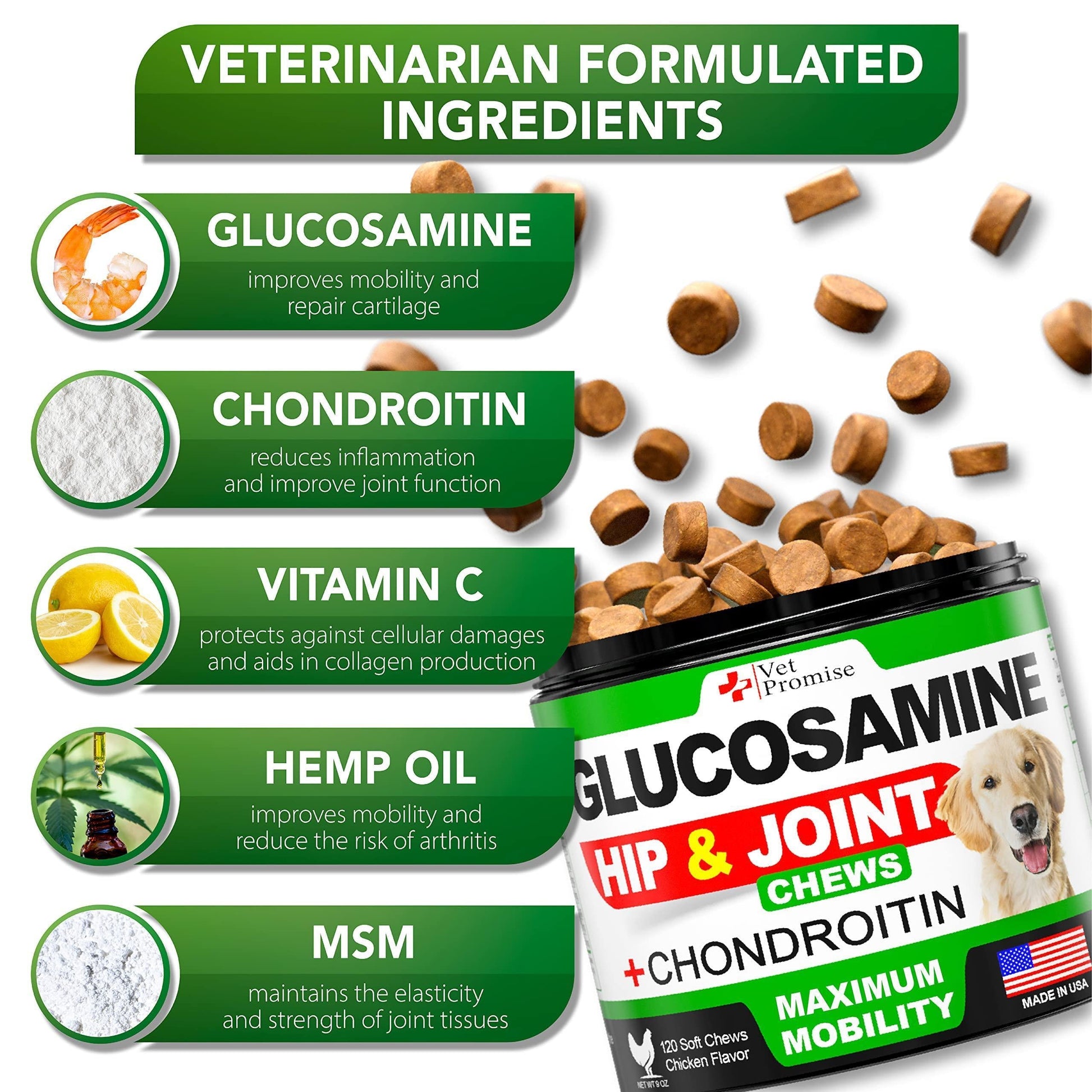 Glucosamine Hip & Joint Supplement for Dogs – 120 Soft Chews for Pain Relief & Mobility Support