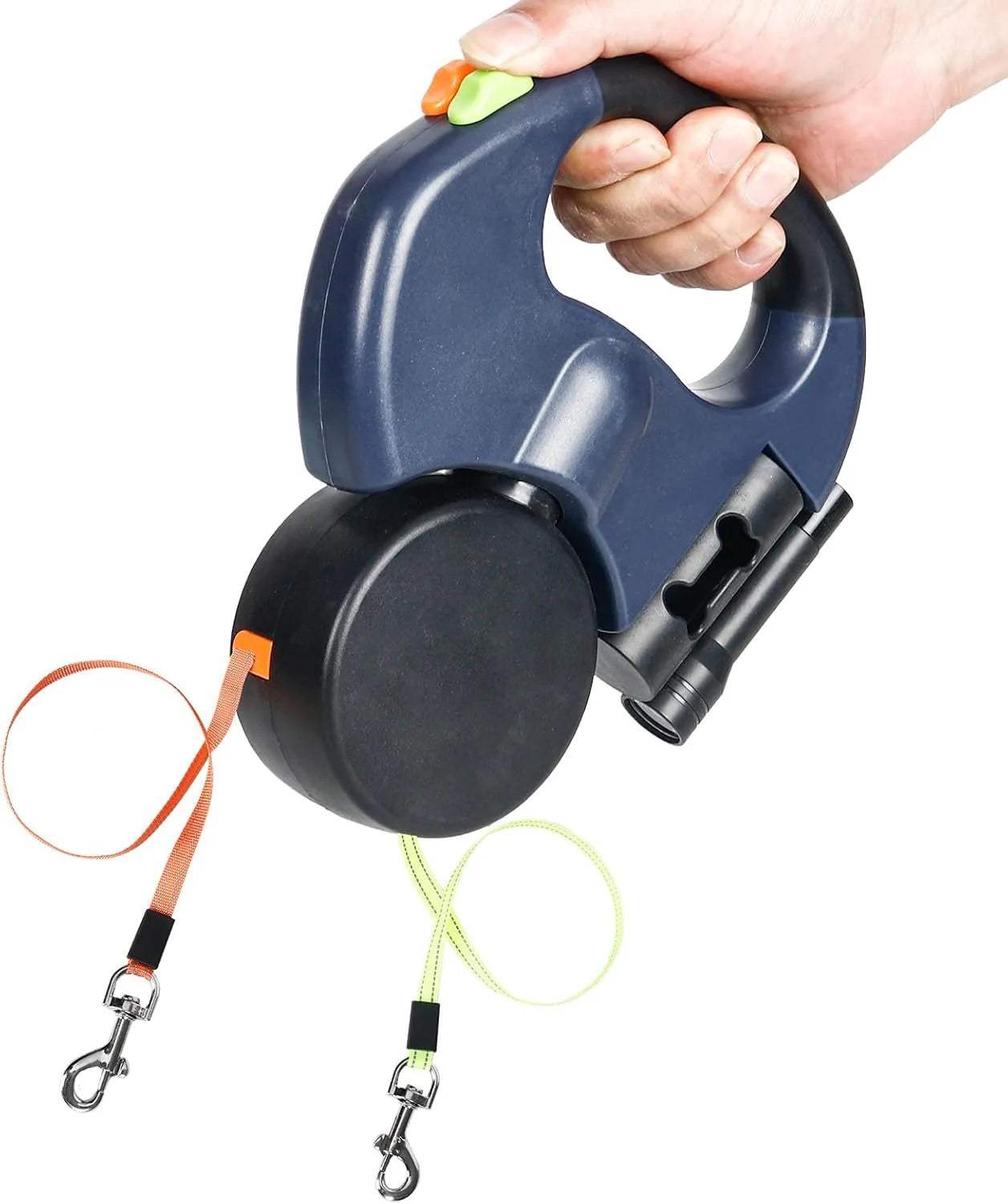 Dual Retractable Dog Leash – 360° Tangle-Free Swivel, Reflective Nylon, Built-in LED Night Light & Waste Bag Holder, 10ft for Two Dogs (Up to 110 lbs Each)