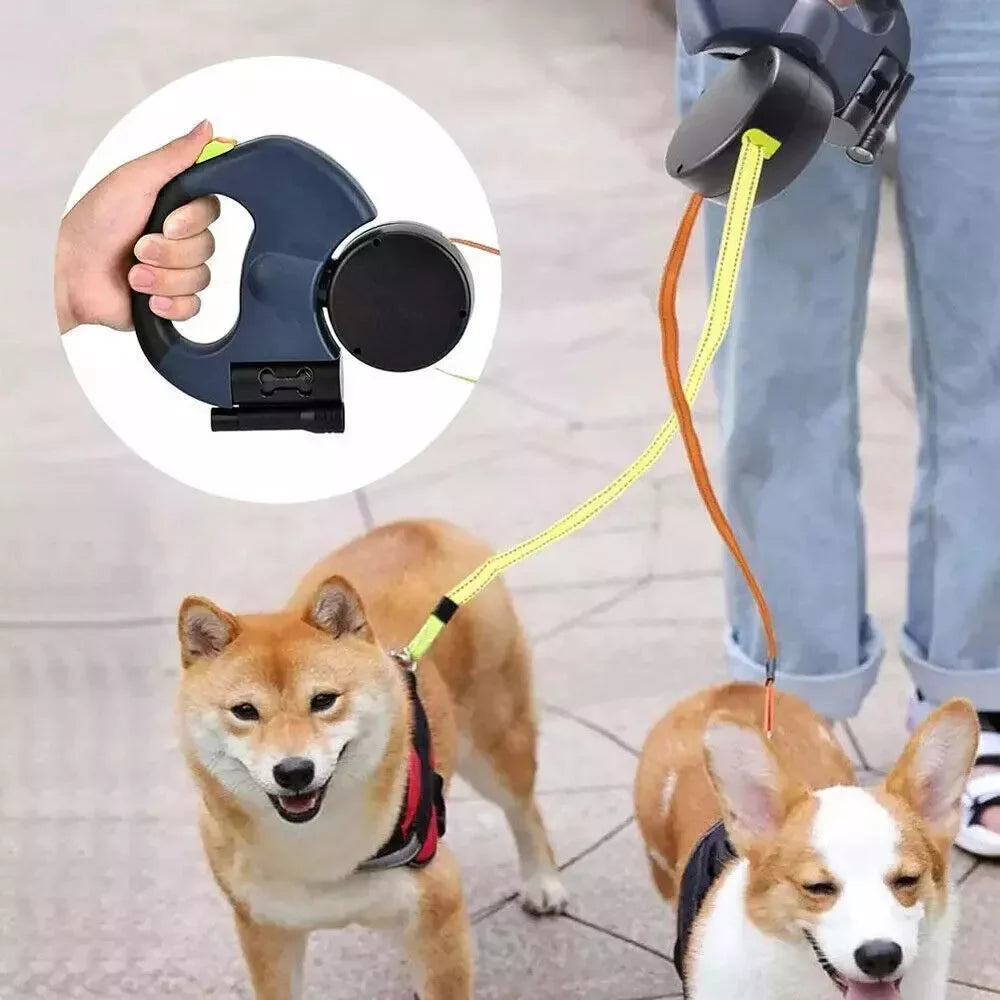 Dual Retractable Dog Leash – 360° Tangle-Free Swivel, Reflective Nylon, Built-in LED Night Light & Waste Bag Holder, 10ft for Two Dogs (Up to 110 lbs Each)