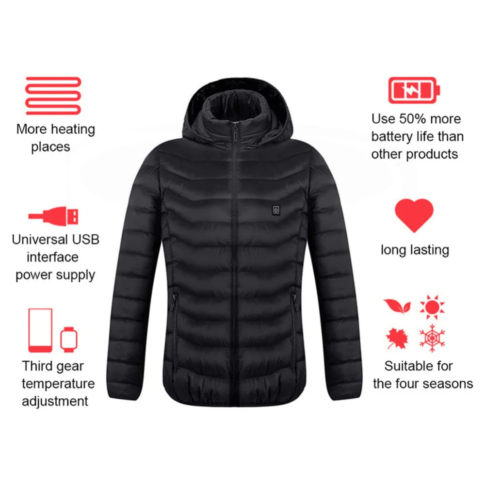 USB Heated Jacket with Removable Hood – Lightweight Thermal Coat with 3 Temperature Settings, Windproof & Waterproof Electric Winter Jacket for Men & Women
