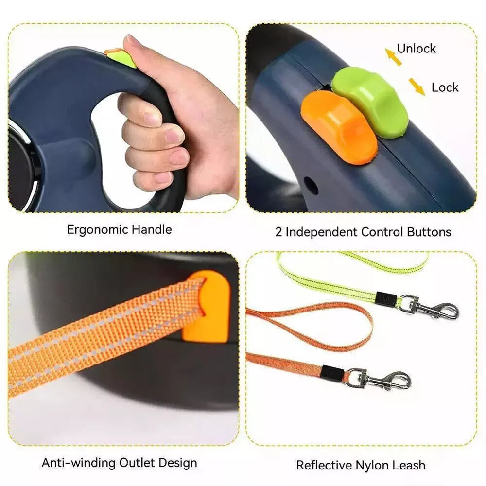 Dual Retractable Dog Leash – 360° Tangle-Free Swivel, Reflective Nylon, Built-in LED Night Light & Waste Bag Holder, 10ft for Two Dogs (Up to 110 lbs Each)