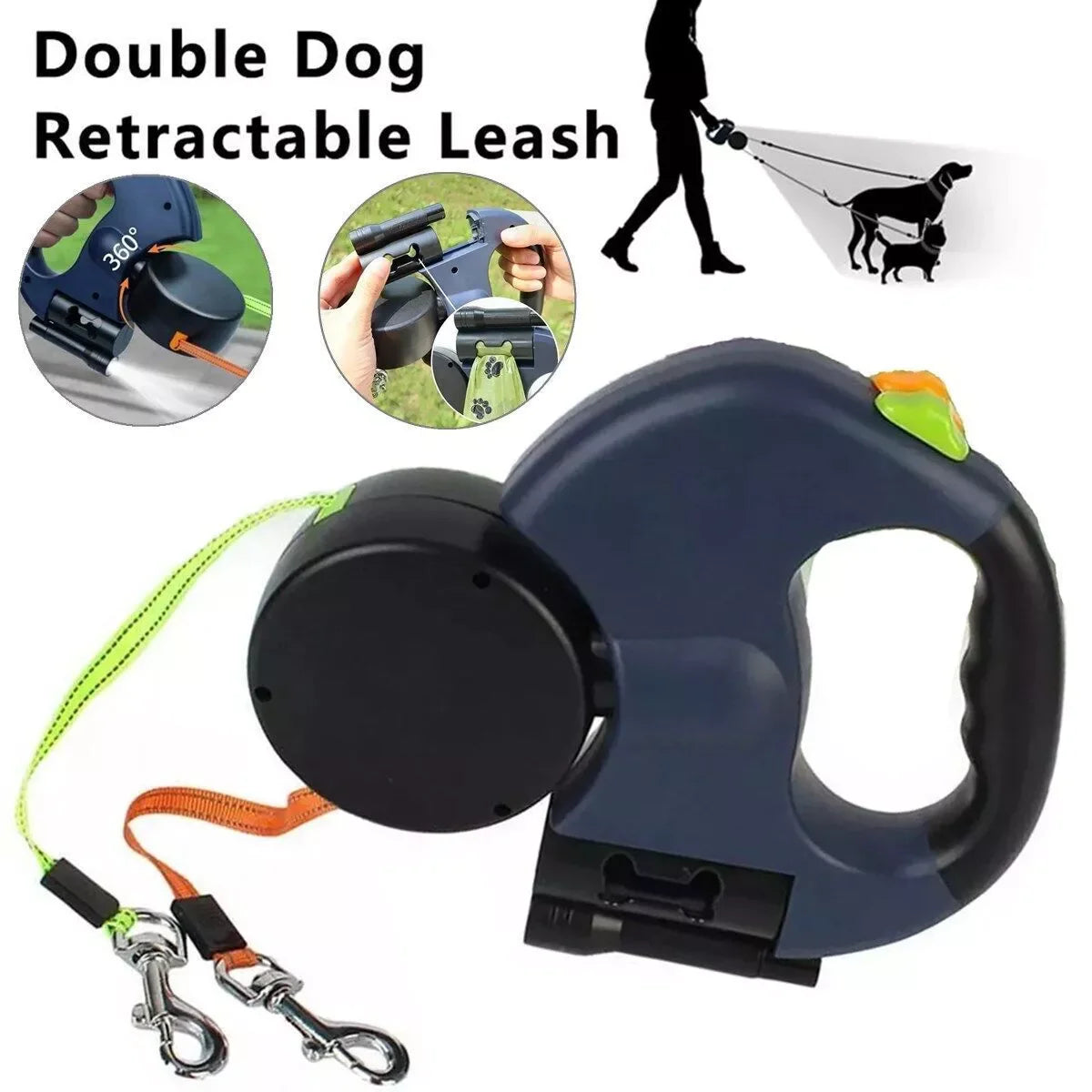 Dual Retractable Dog Leash – 360° Tangle-Free Swivel, Reflective Nylon, Built-in LED Night Light & Waste Bag Holder, 10ft for Two Dogs (Up to 110 lbs Each)