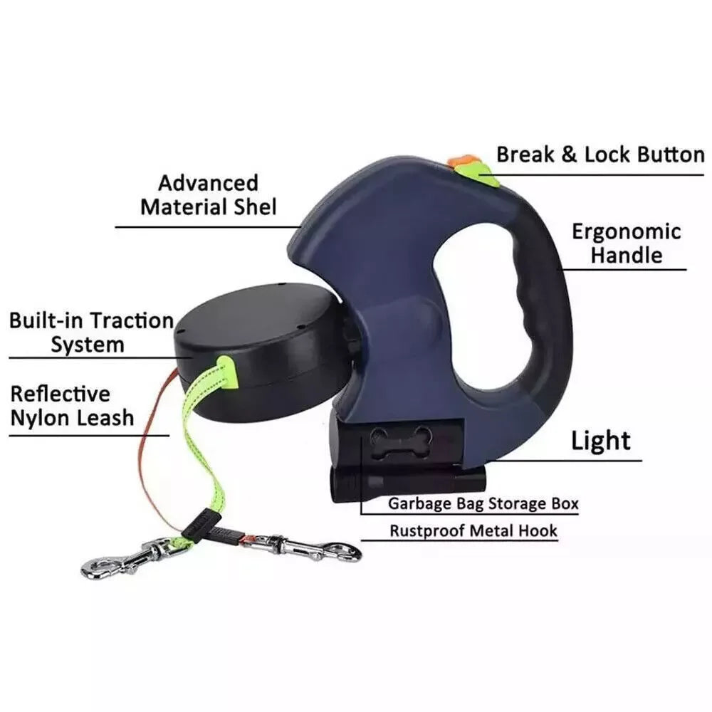 Dual Retractable Dog Leash – 360° Tangle-Free Swivel, Reflective Nylon, Built-in LED Night Light & Waste Bag Holder, 10ft for Two Dogs (Up to 110 lbs Each)