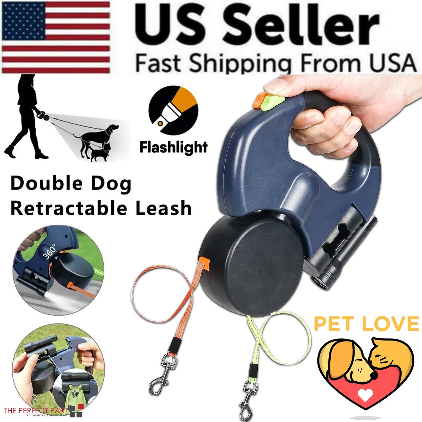 Dual Retractable Dog Leash – 360° Tangle-Free Swivel, Reflective Nylon, Built-in LED Night Light & Waste Bag Holder, 10ft for Two Dogs (Up to 110 lbs Each)
