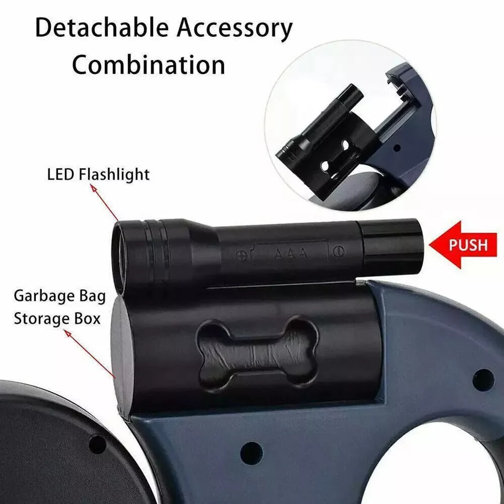 Dual Retractable Dog Leash – 360° Tangle-Free Swivel, Reflective Nylon, Built-in LED Night Light & Waste Bag Holder, 10ft for Two Dogs (Up to 110 lbs Each)
