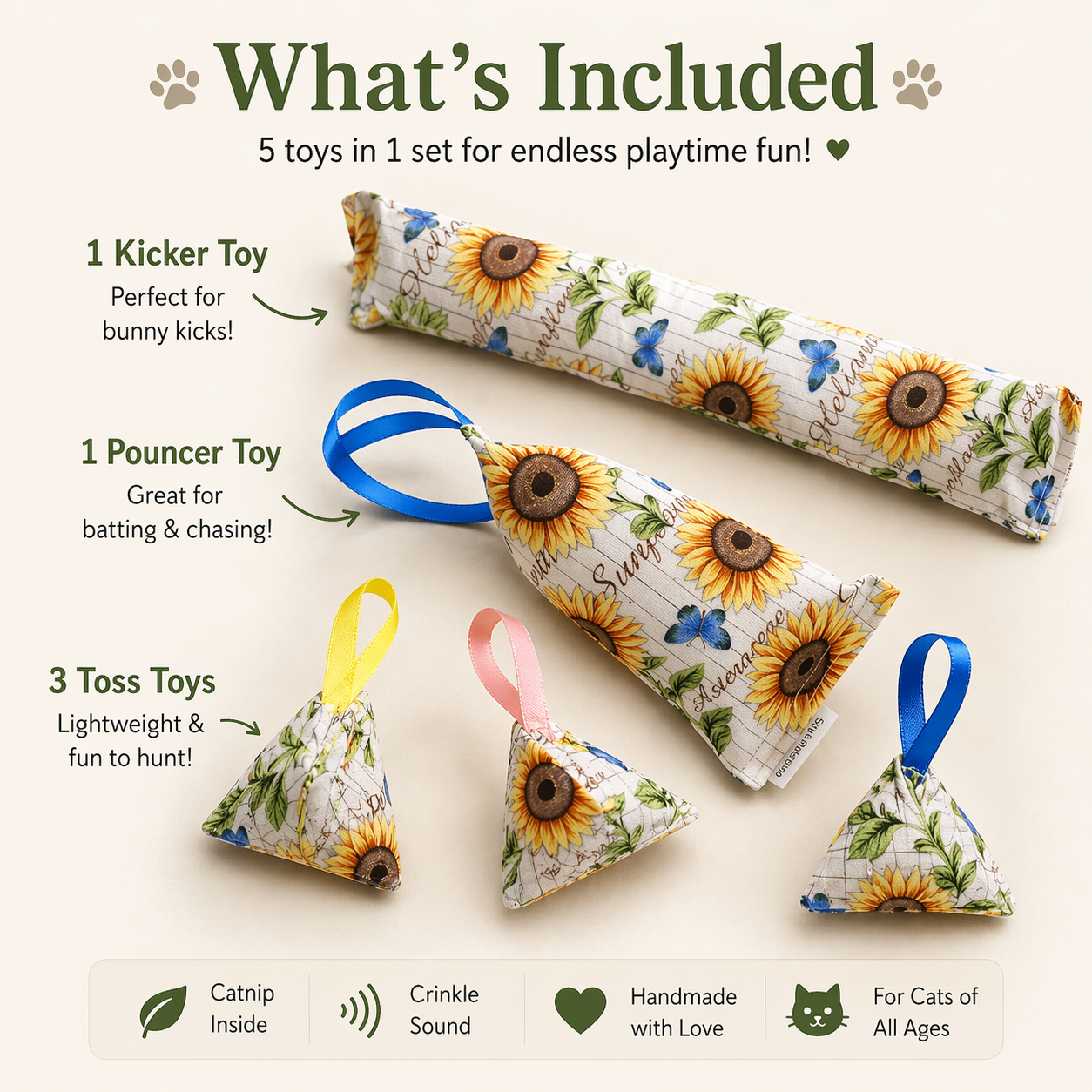 Ultimate Cat Play Set – Kicker, Pouncer & Toss Toys (Catnip & Crinkle, Handmade)