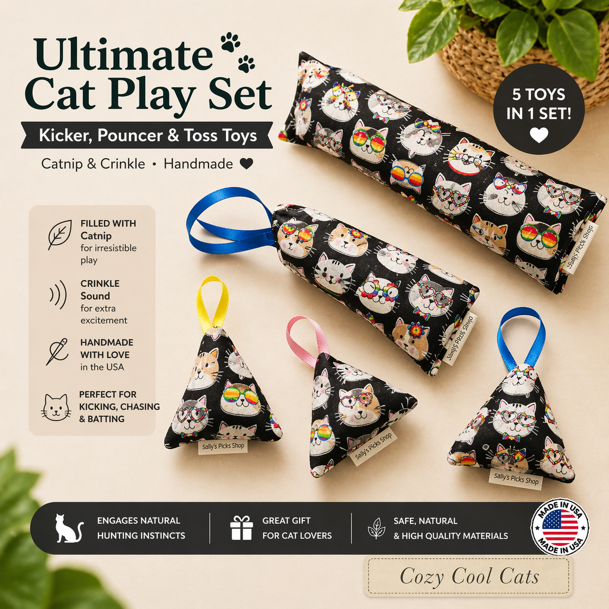 Ultimate Cat Play Set – Kicker, Pouncer & Toss Toys (Catnip & Crinkle, Handmade)