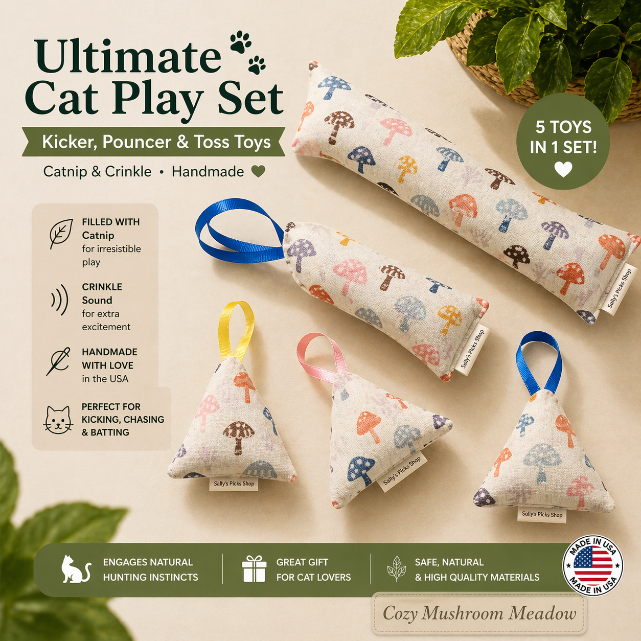 Ultimate Cat Play Set – Kicker, Pouncer & Toss Toys (Catnip & Crinkle, Handmade)