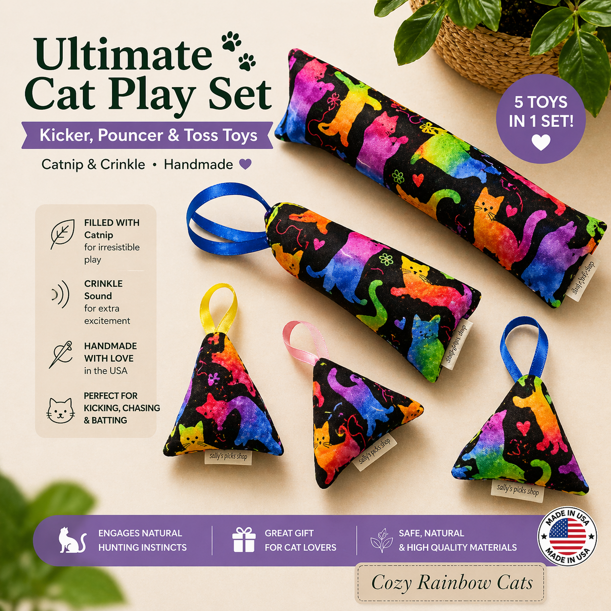 Ultimate Cat Play Set – Kicker, Pouncer & Toss Toys (Catnip & Crinkle, Handmade)
