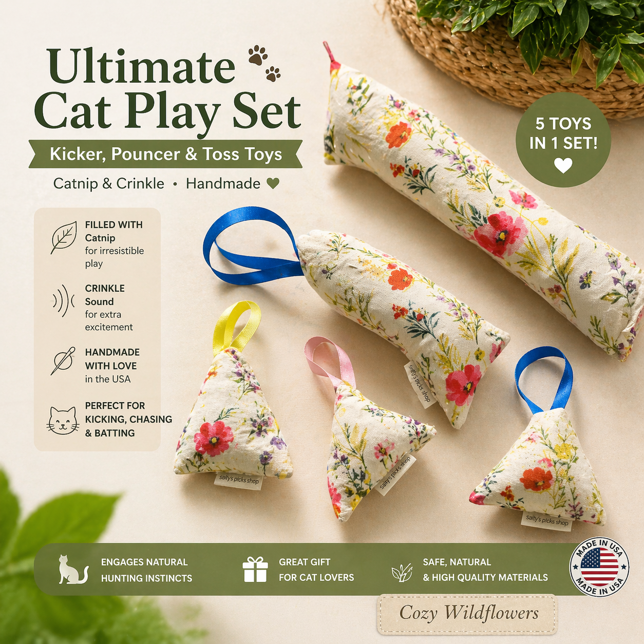 Ultimate Cat Play Set – Kicker, Pouncer & Toss Toys (Catnip & Crinkle, Handmade)
