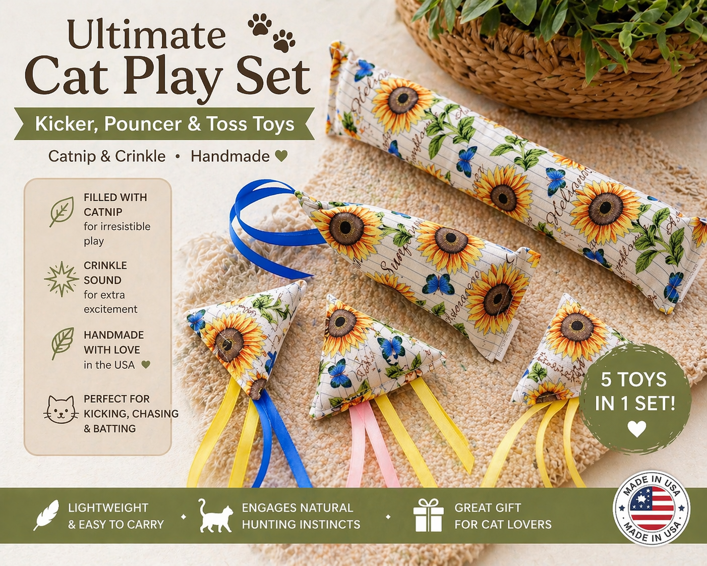 Ultimate Cat Play Set – Kicker, Pouncer & Toss Toys (Catnip & Crinkle, Handmade)
