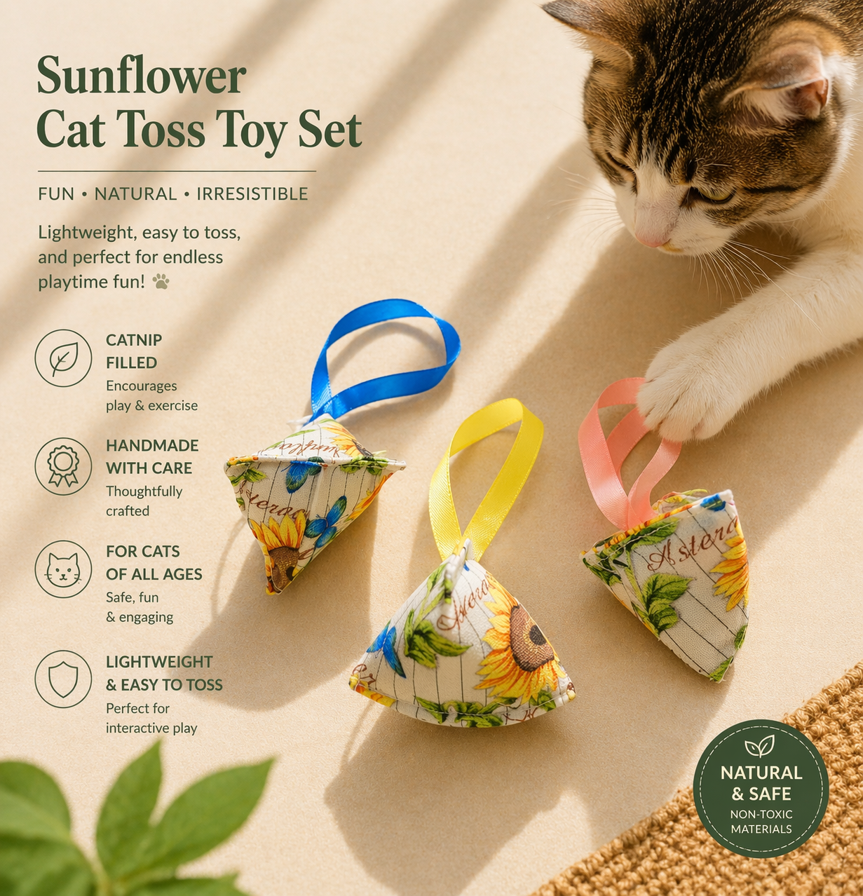Cat Toss Toy Set (3 Pack) with Catnip & Crinkle – Handmade Cotton or Duck Canvas