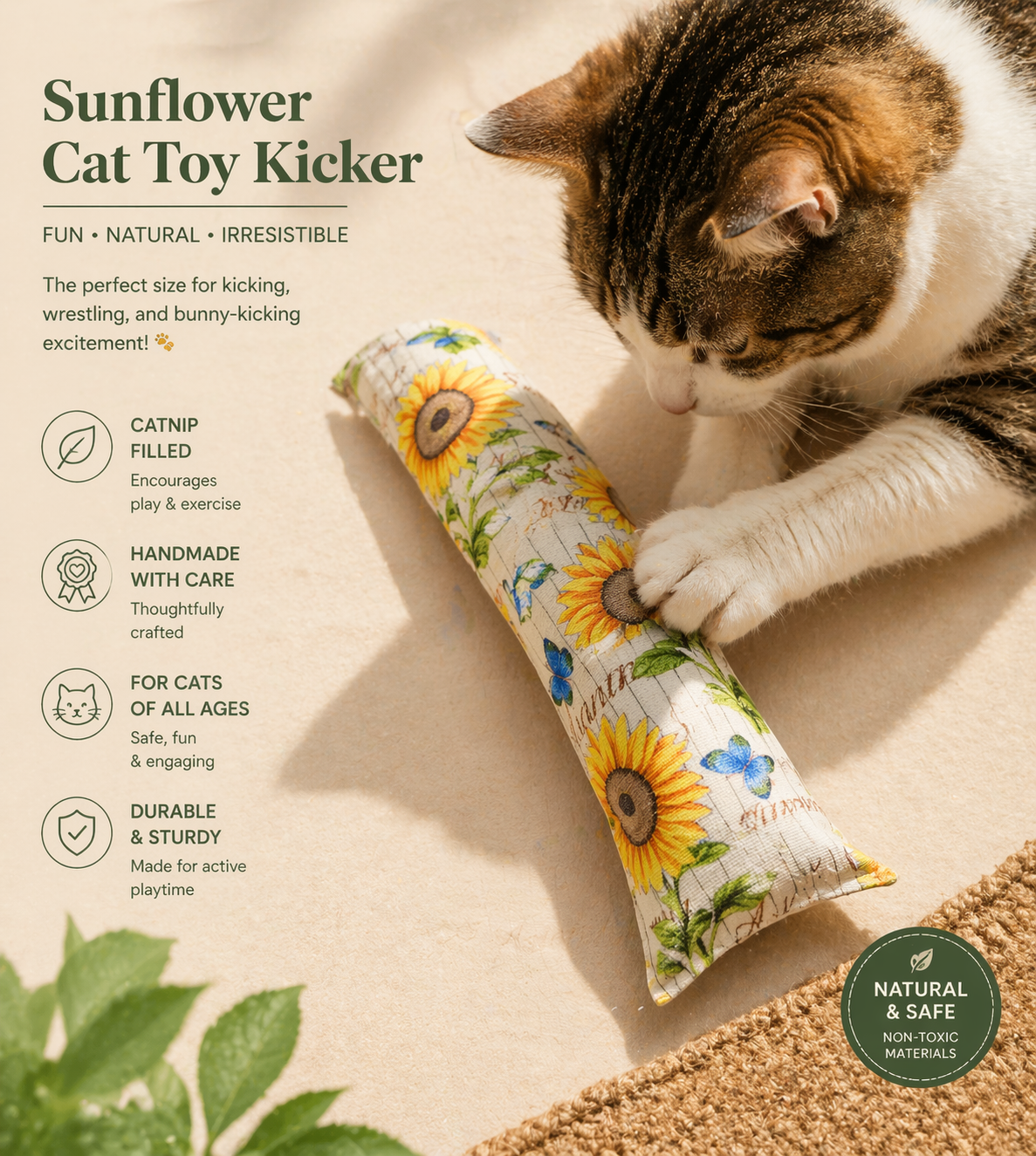 Durable Cat Kicker Toy with Catnip & Crinkle – Handmade Duck Canvas or Cotton
