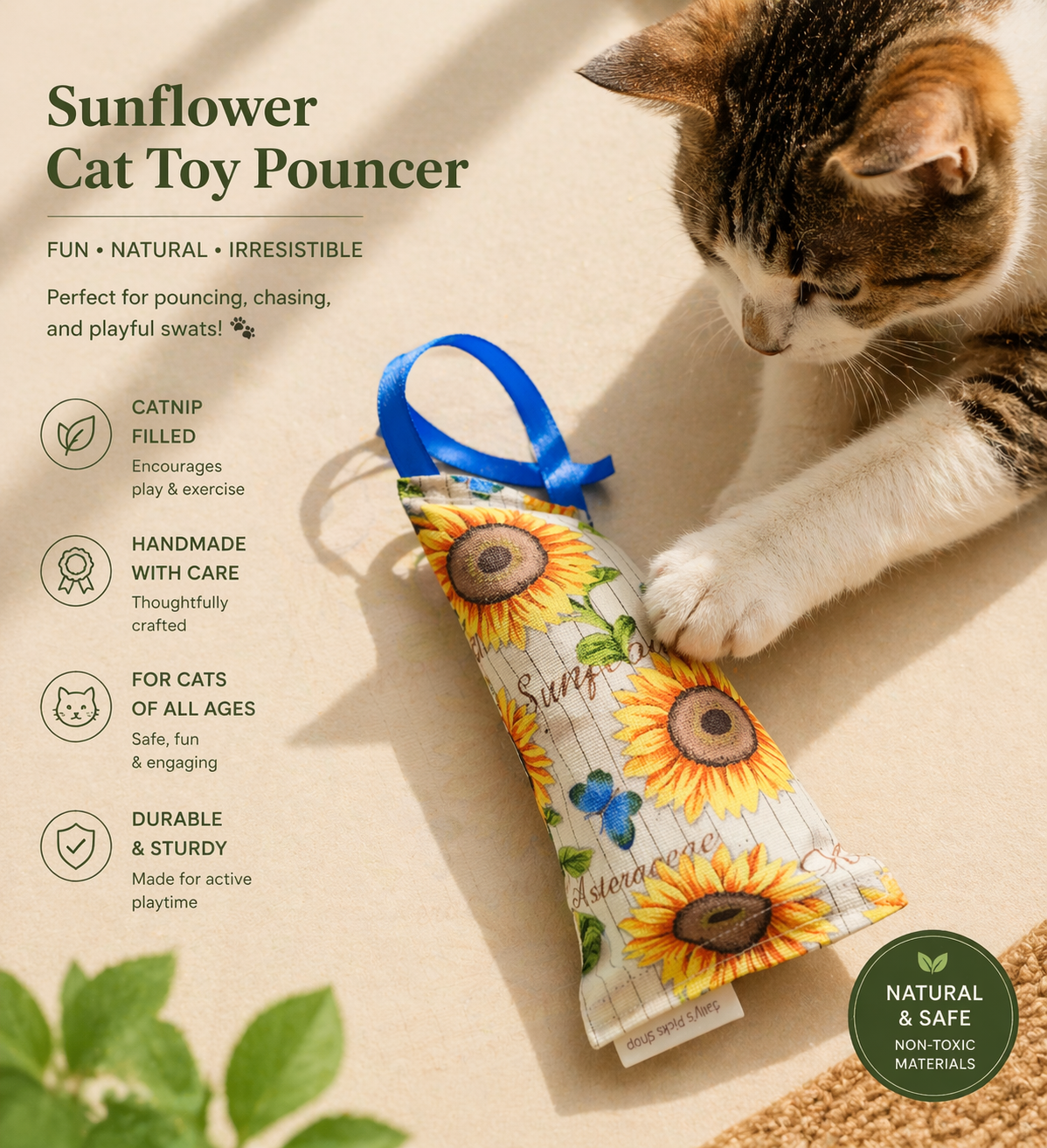 Durable Cat Pouncer Toy with Catnip & Crinkle – Handmade Cotton or Duck Canvas