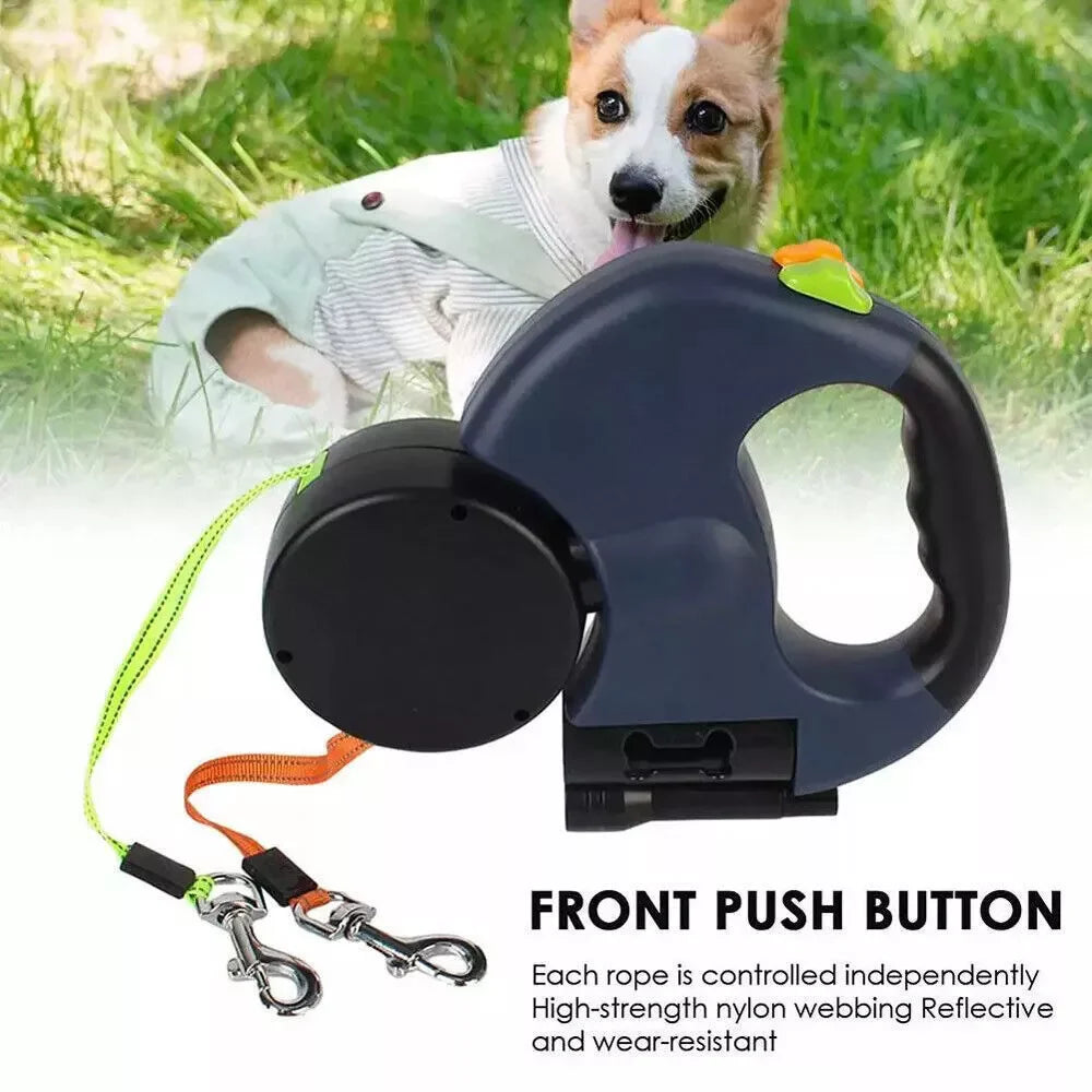 Dual Retractable Dog Leash – 360° Tangle-Free Swivel, Reflective Nylon, Built-in LED Night Light & Waste Bag Holder, 10ft for Two Dogs (Up to 110 lbs Each)