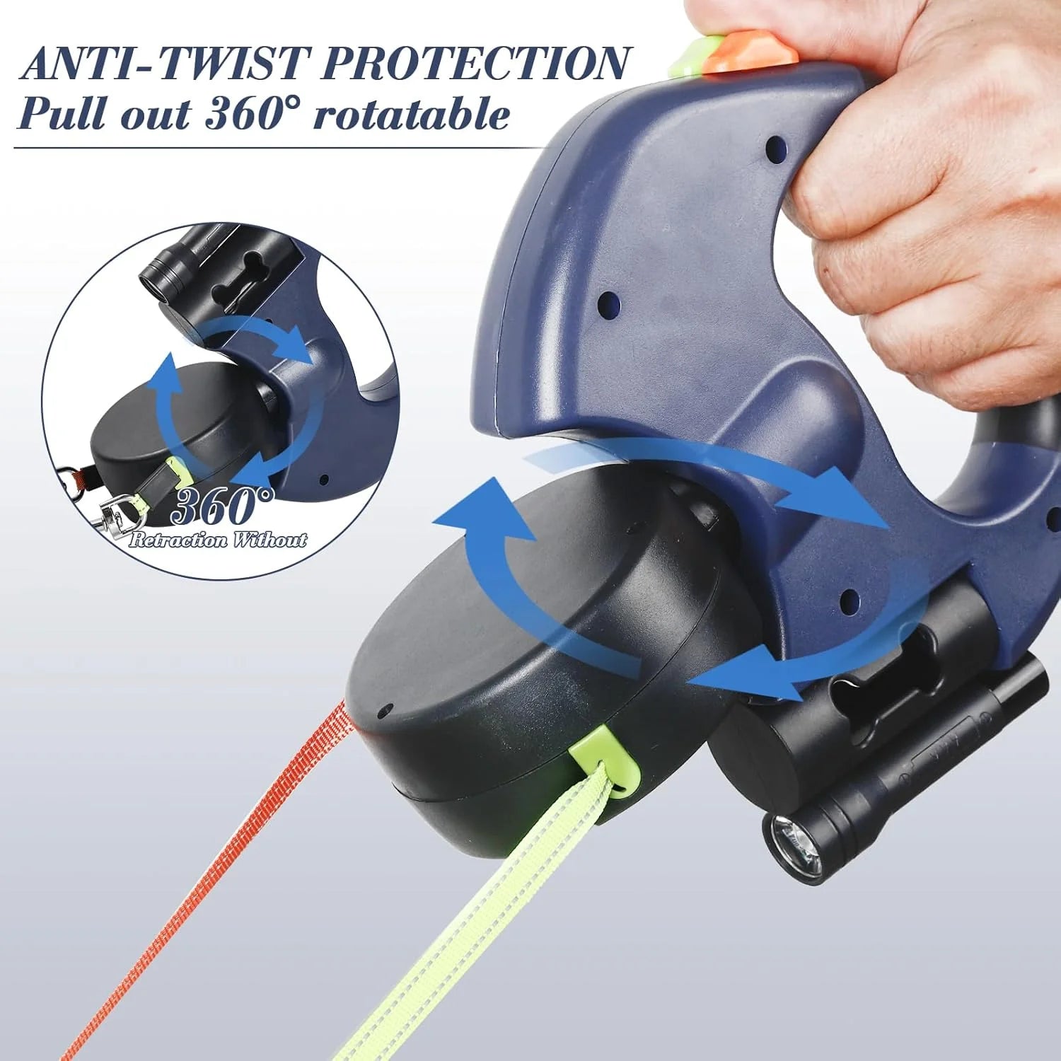 Dual Retractable Dog Leash – 360° Tangle-Free Swivel, Reflective Nylon, Built-in LED Night Light & Waste Bag Holder, 10ft for Two Dogs (Up to 110 lbs Each)