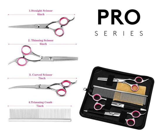 Premium Pet Dog Grooming Scissors Set - Stainless Steel Straight, Curved, and Thinning Shears with Grooming Comb