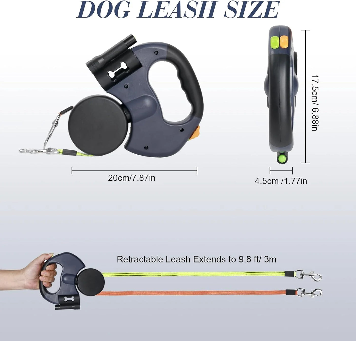 Dual Retractable Dog Leash – 360° Tangle-Free Swivel, Reflective Nylon, Built-in LED Night Light & Waste Bag Holder, 10ft for Two Dogs (Up to 110 lbs Each)